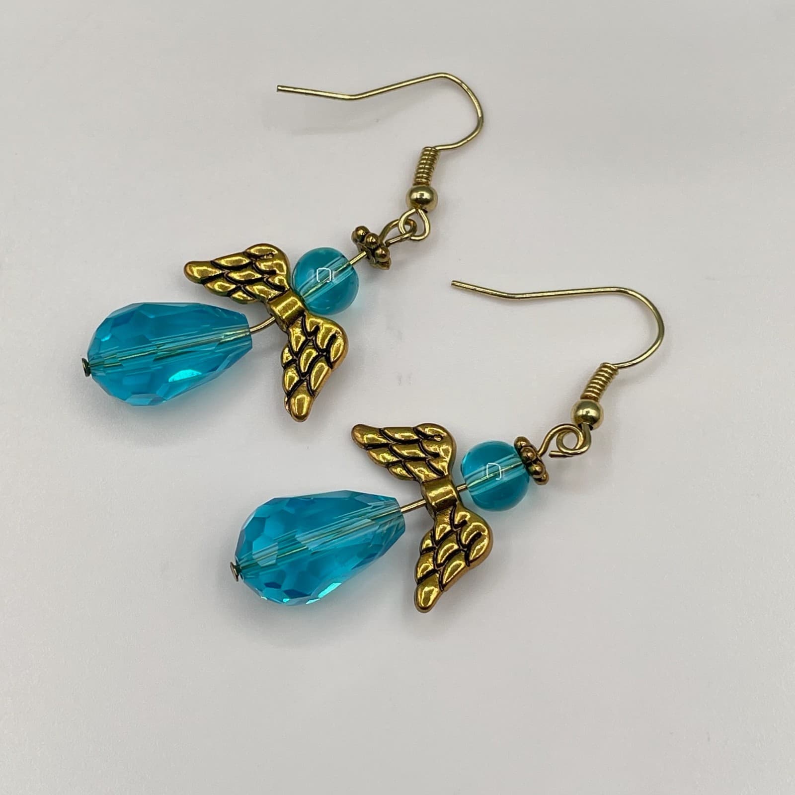 Vintage Handmade Angel Dangle Earrings Gold Tone Blue Faceted Crystal Drop Hook - Thumbnail 10