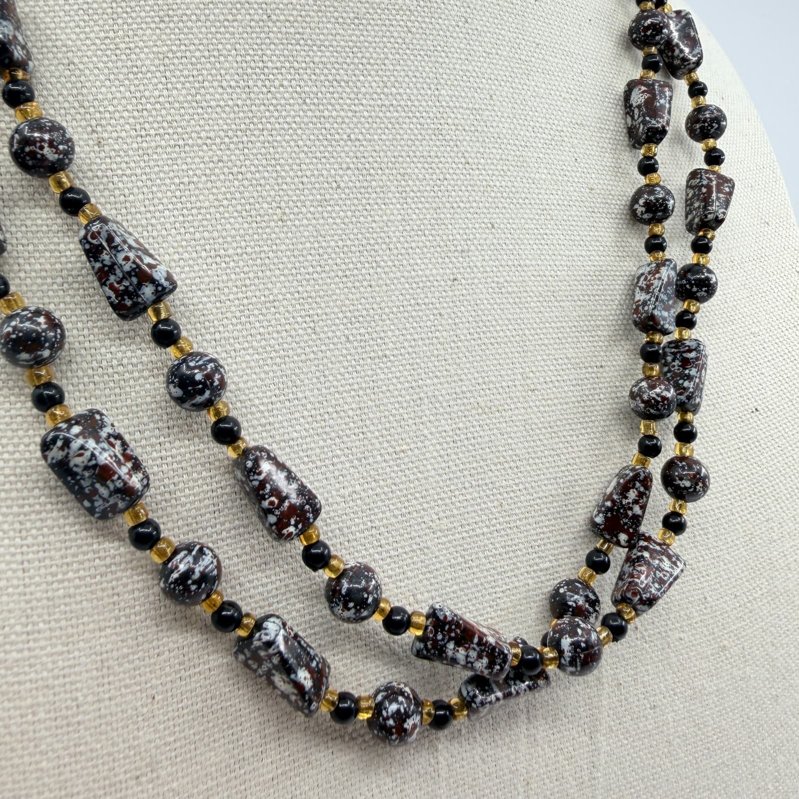 Vintage Brown White Mottled Bead Multi Strand Necklace Chunky Statement Boho Art - Thumbnail 2