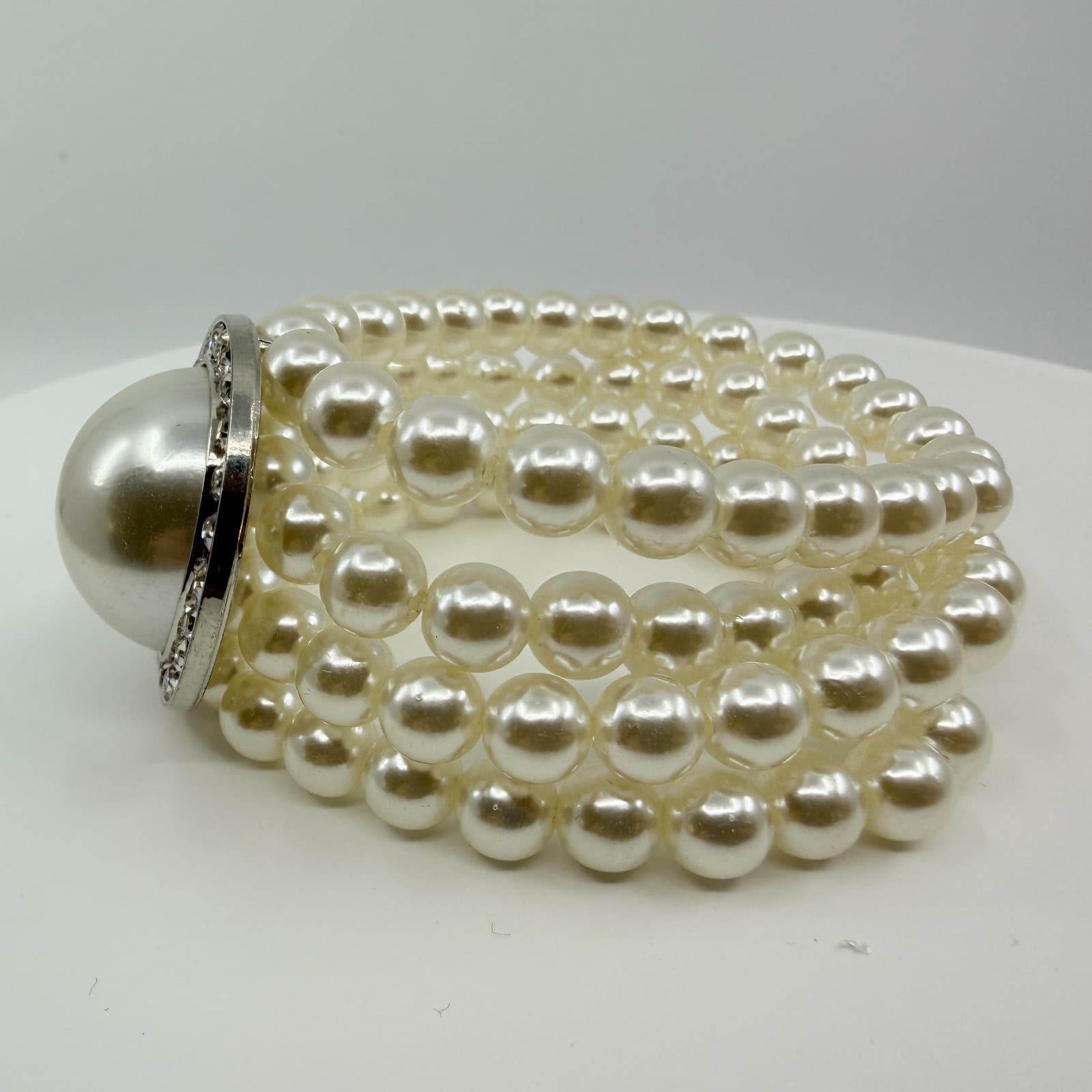 Bracelet Vintage Faux Pearl Multi Strand Stretch Rhinestone Statement Chunky 90s - Thumbnail 4