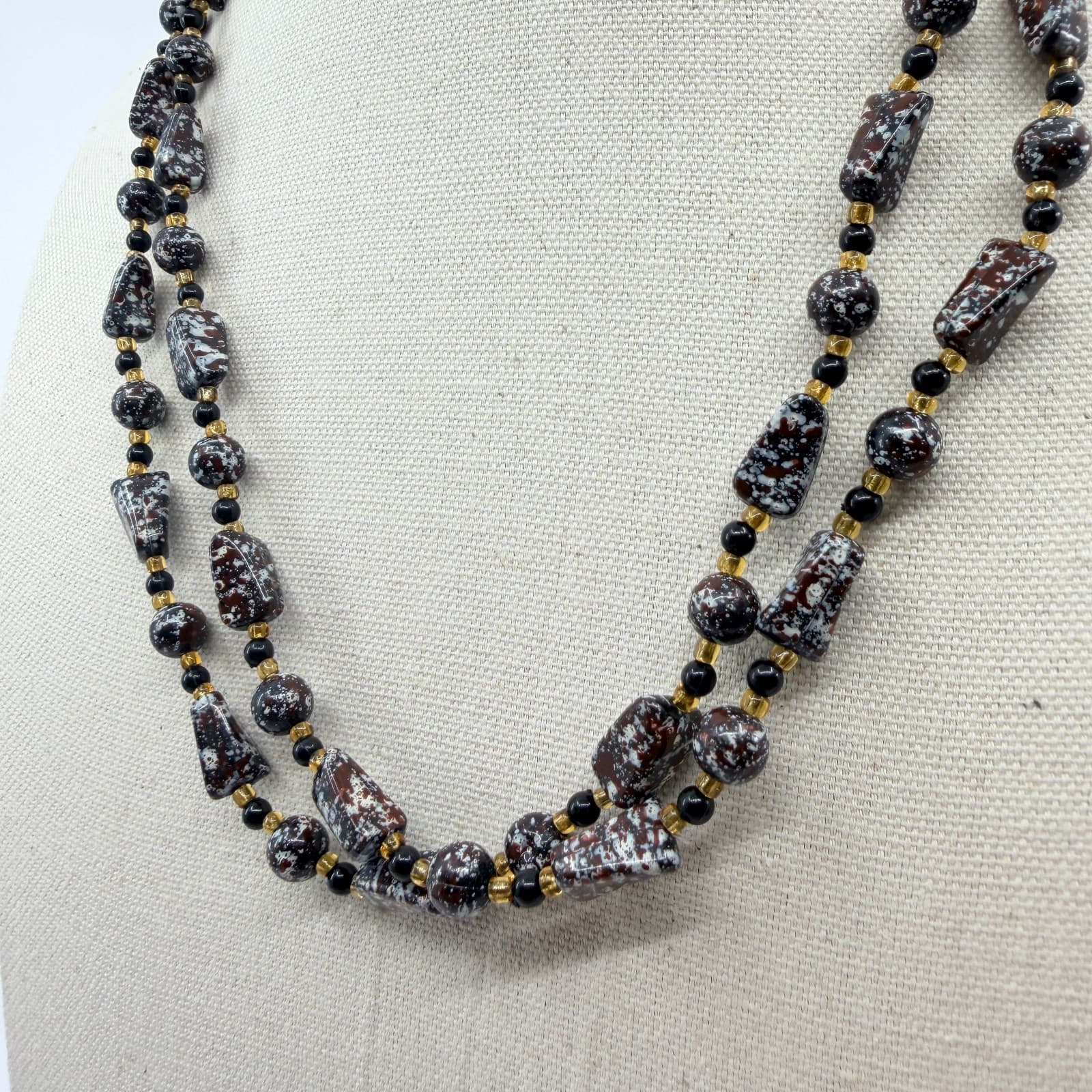 Vintage Brown White Mottled Bead Multi Strand Necklace Chunky Statement Boho Art - Thumbnail 4
