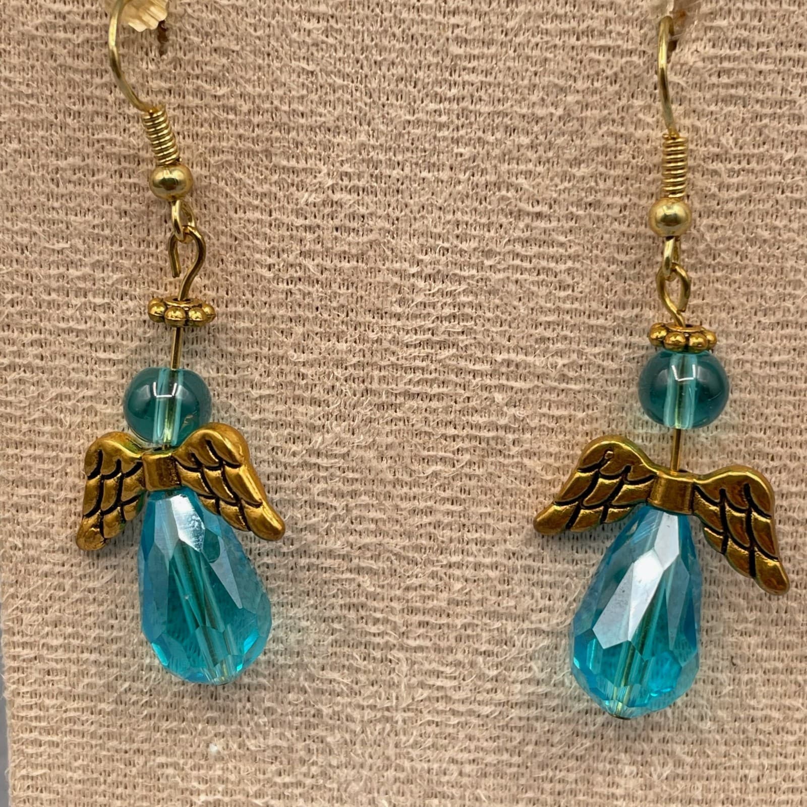 Vintage Handmade Angel Dangle Earrings Gold Tone Blue Faceted Crystal Drop Hook - Thumbnail 8