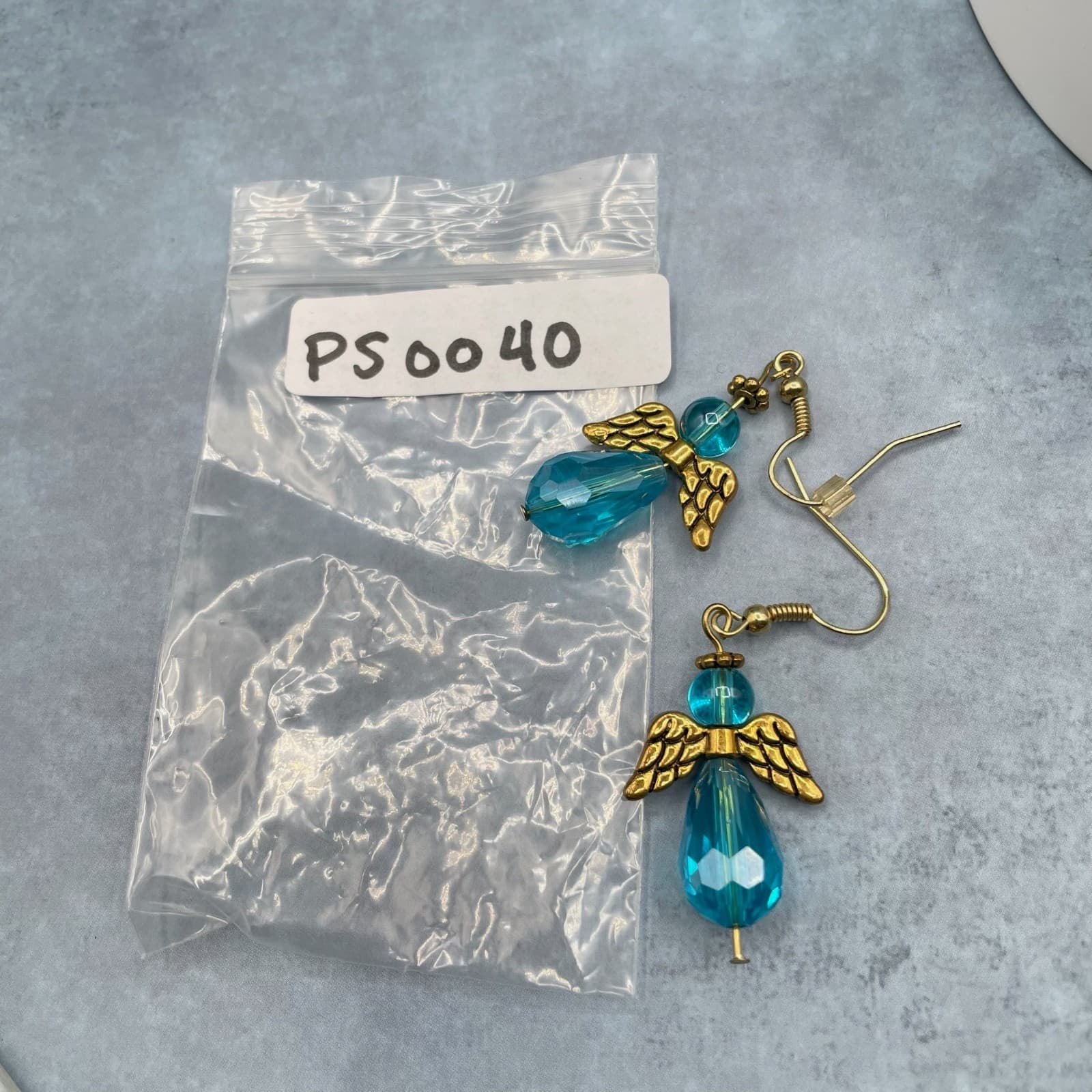 Vintage Handmade Angel Dangle Earrings Gold Tone Blue Faceted Crystal Drop Hook - Thumbnail 14