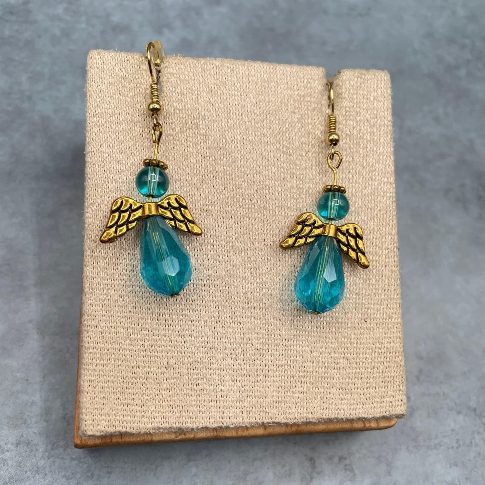 Vintage Handmade Angel Dangle Earrings Gold Tone Blue Faceted Crystal Drop Hook - Thumbnail 2