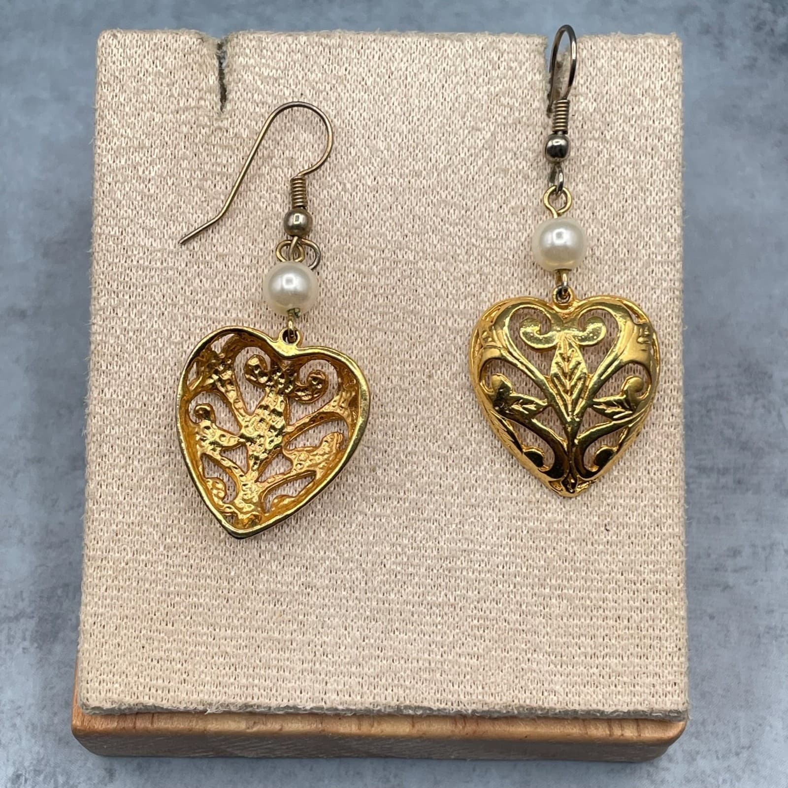 Vintage Filigree Heart Drop Earrings Faux Pearl Accent Gold Tone Hook Style - Thumbnail 8