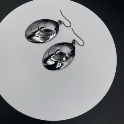 Vintage Modern Drop Dark Gunmetal Black Tone Oval Tiered Dangle Fishhook - Thumbnail 3