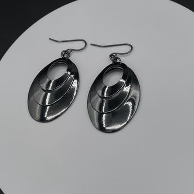 Vintage Modern Drop Dark Gunmetal Black Tone Oval Tiered Dangle Fishhook - Thumbnail 4