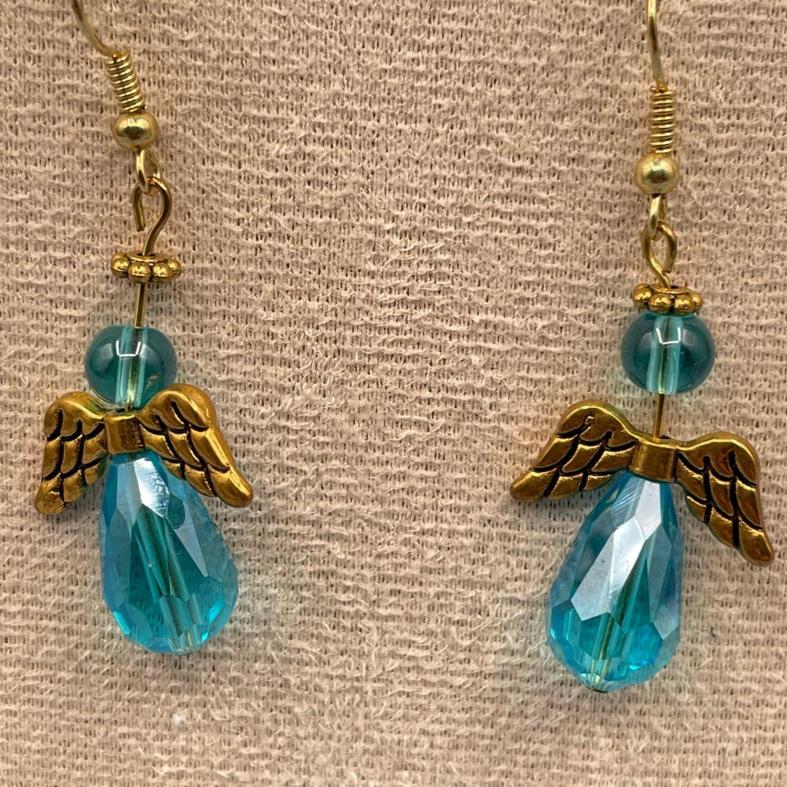 Vintage Handmade Angel Dangle Earrings Gold Tone Blue Faceted Crystal Drop Hook - Thumbnail 9