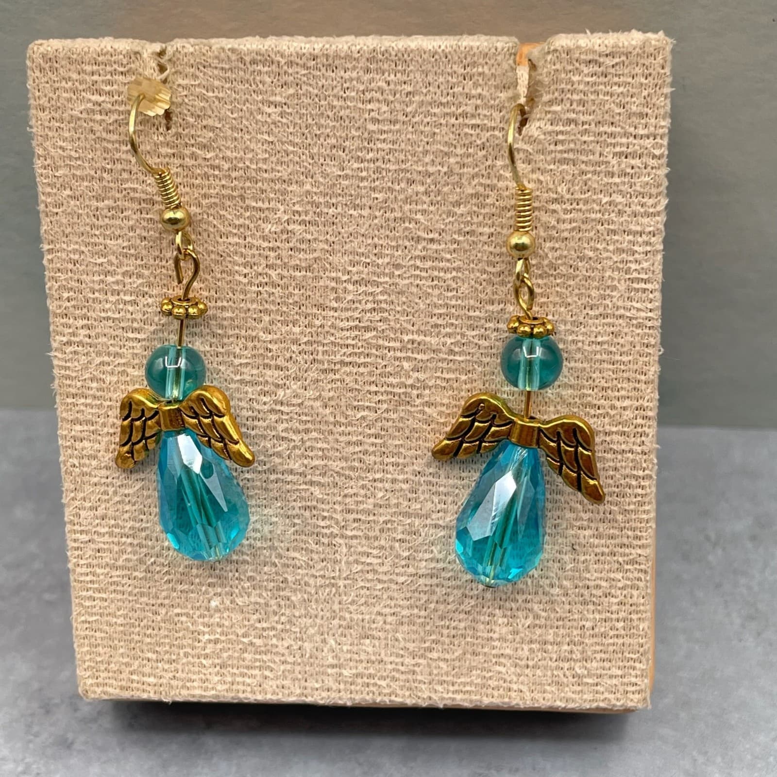 Vintage Handmade Angel Dangle Earrings Gold Tone Blue Faceted Crystal Drop Hook - Thumbnail 7