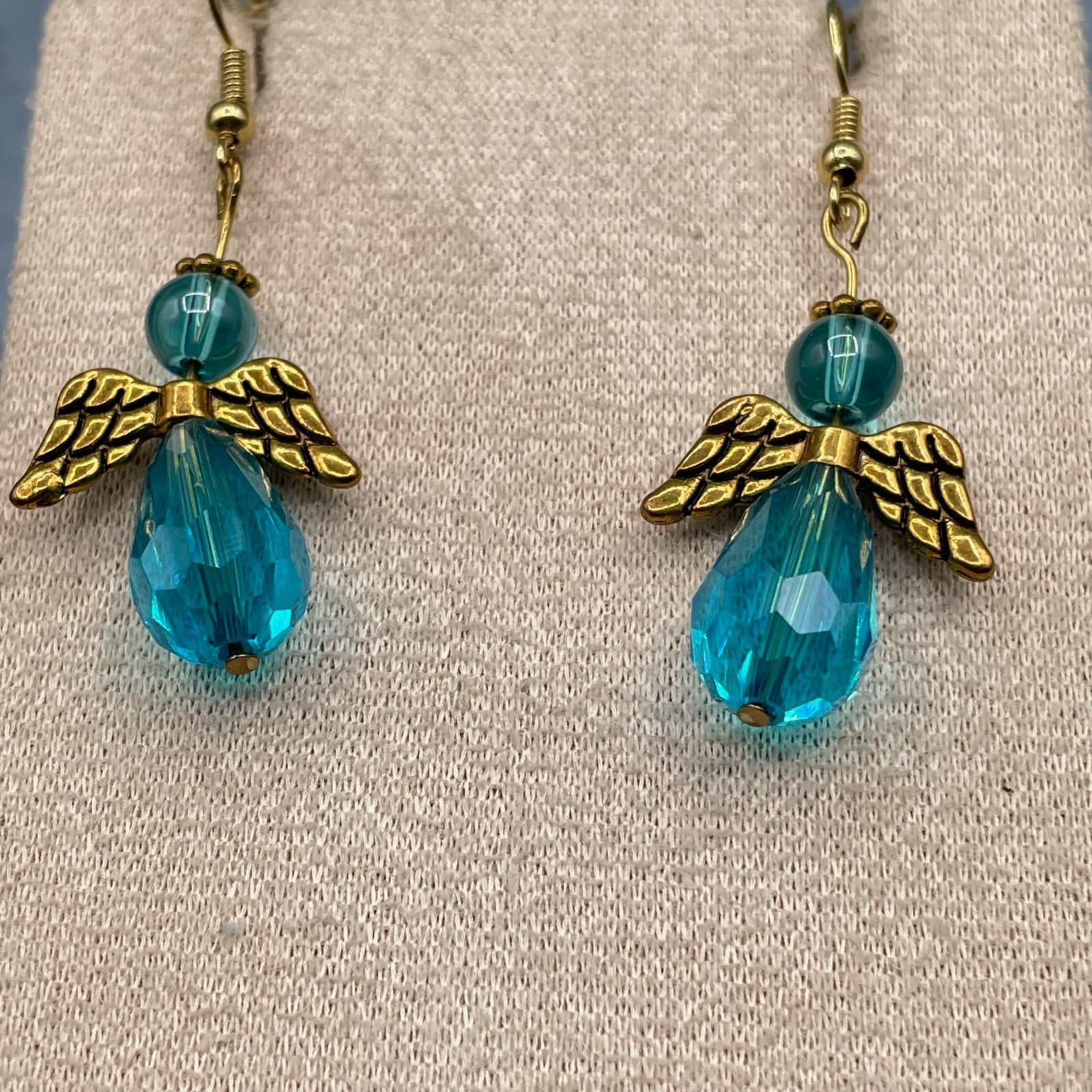 Vintage Handmade Angel Dangle Earrings Gold Tone Blue Faceted Crystal Drop Hook - Thumbnail 5