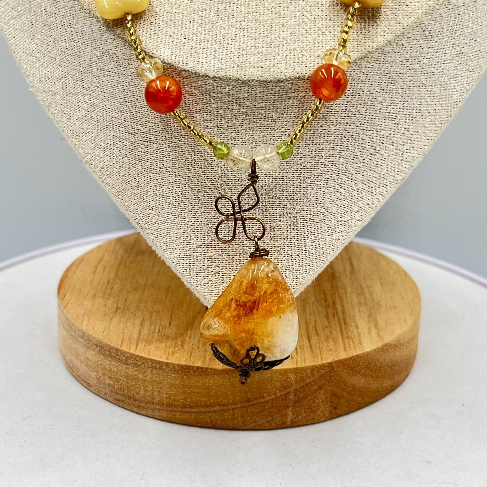 Vintage Citrine & Carnelian Beaded Necklace Boho Earth Tone Gemstone Pendant - Thumbnail 9