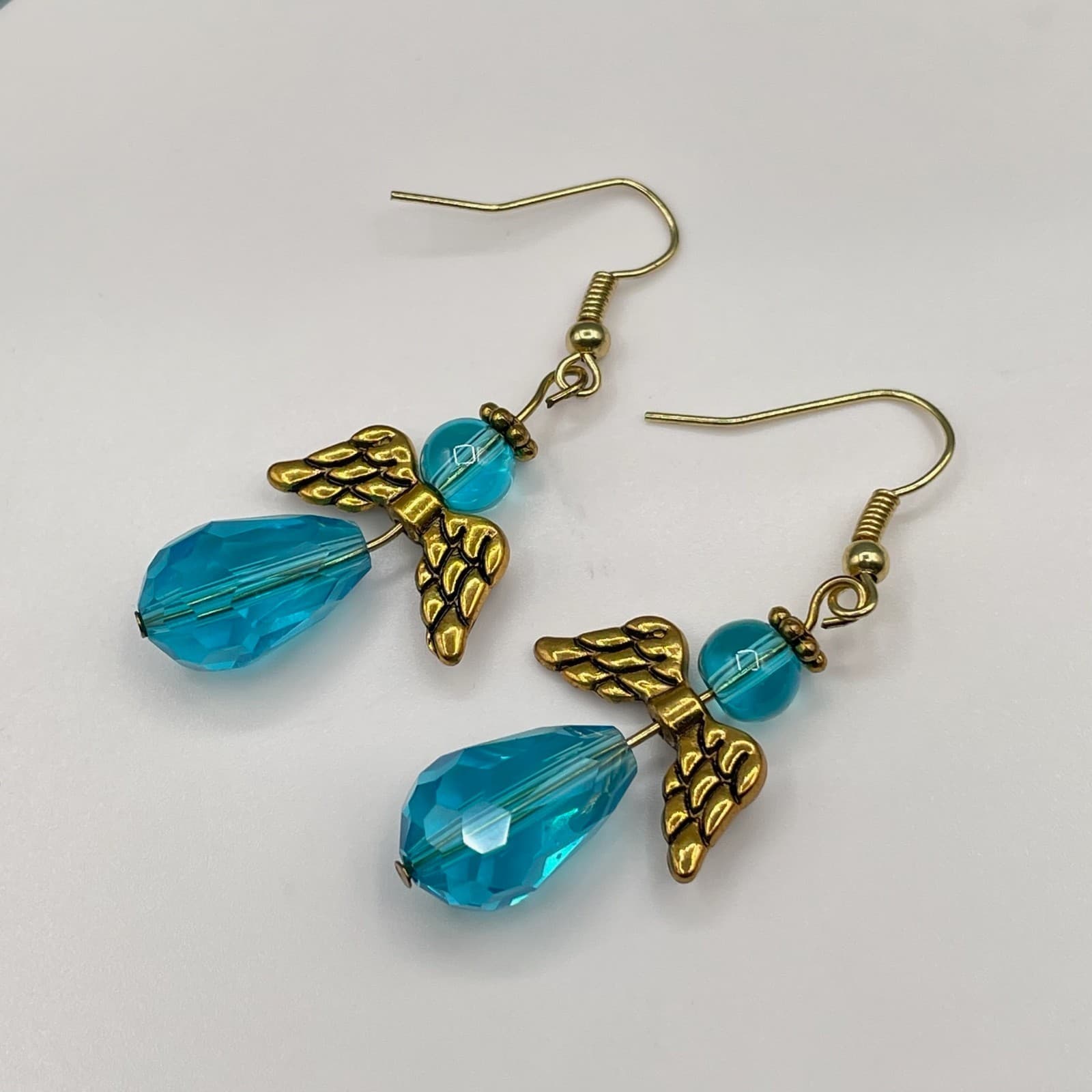 Vintage Handmade Angel Dangle Earrings Gold Tone Blue Faceted Crystal Drop Hook - Thumbnail 12