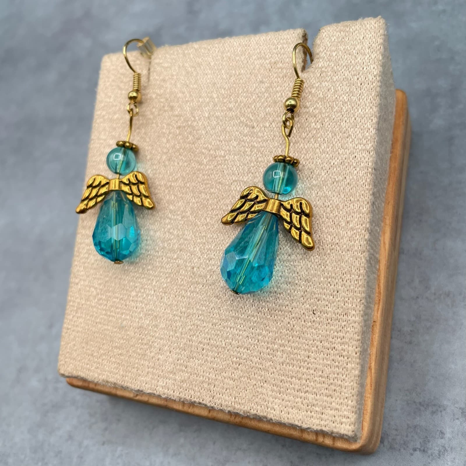 Vintage Handmade Angel Dangle Earrings Gold Tone Blue Faceted Crystal Drop Hook - Thumbnail 3