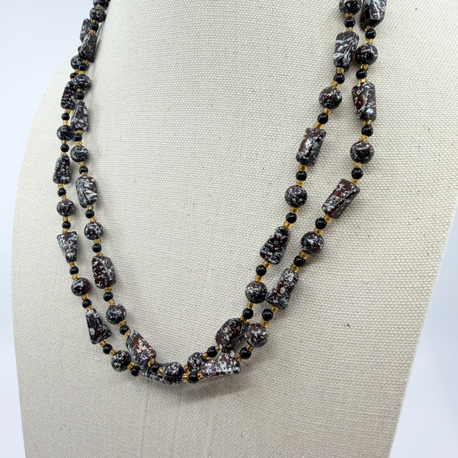 Vintage Brown White Mottled Bead Multi Strand Necklace Chunky Statement Boho Art - Thumbnail 5