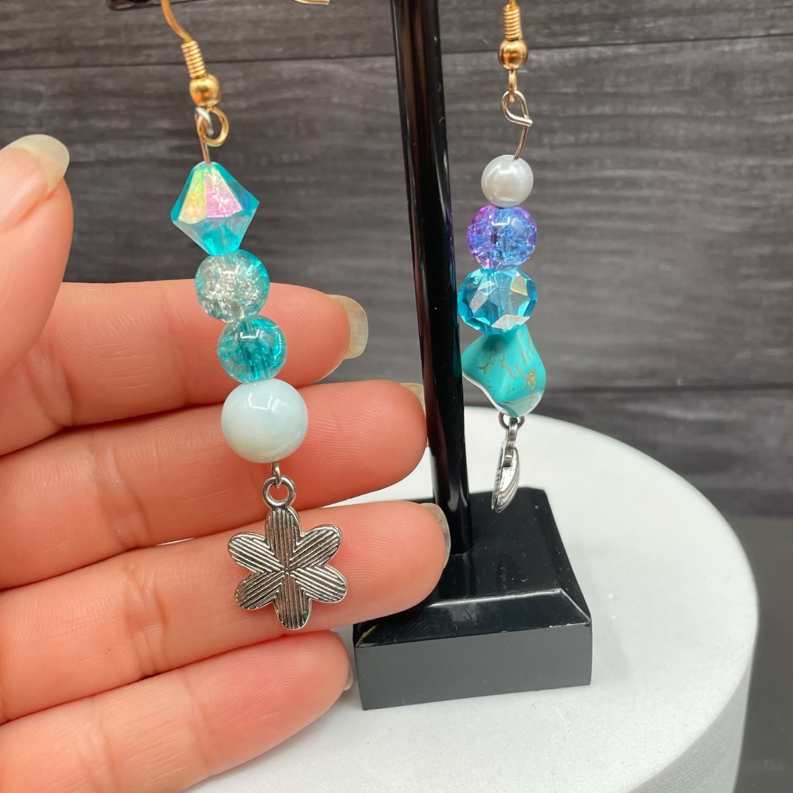 Boho Turquoise Blue Beaded Mismatched Dangle Earrings w/ Charms Y2K Vibes - Thumbnail 3