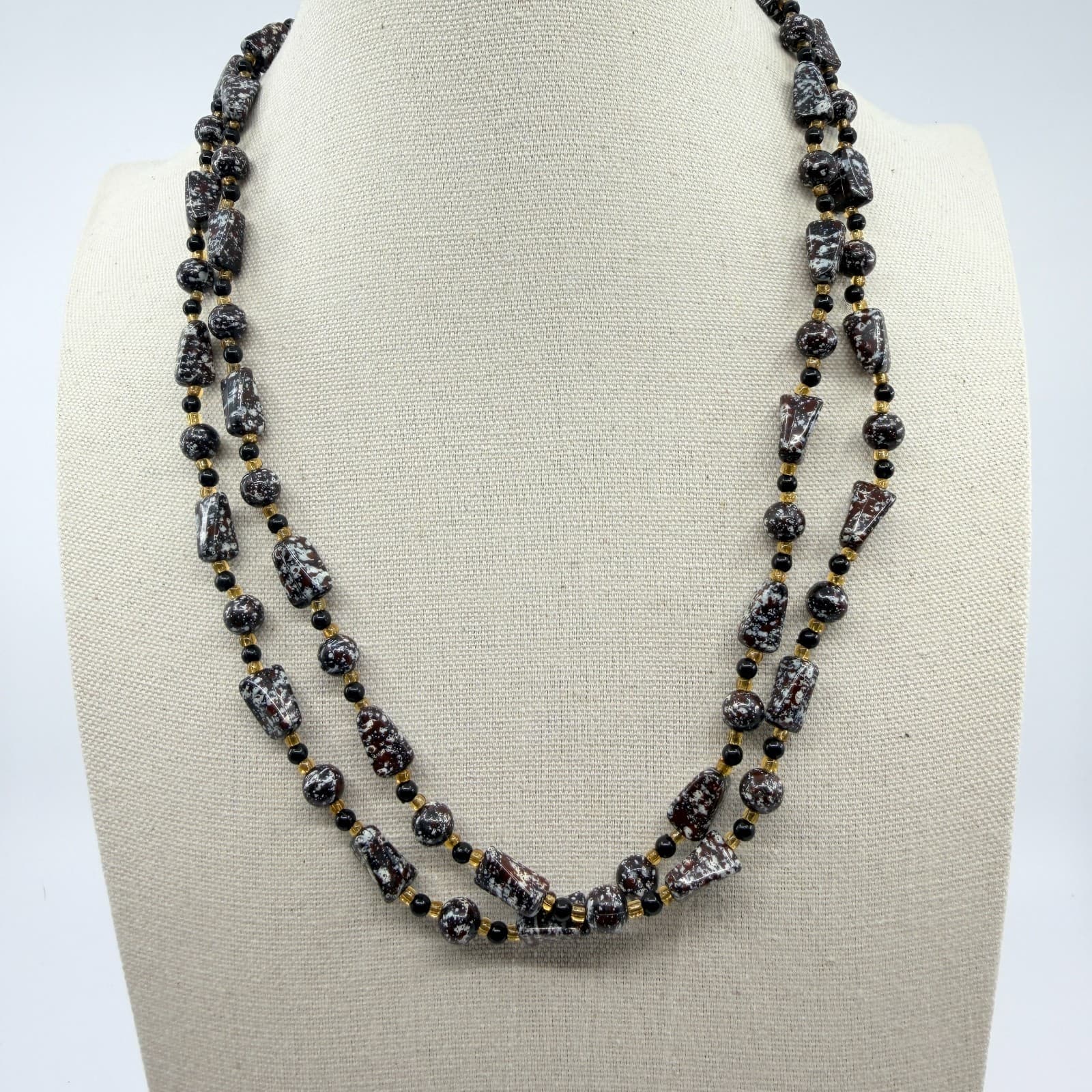 Vintage Brown White Mottled Bead Multi Strand Necklace Chunky Statement Boho Art - Thumbnail 6