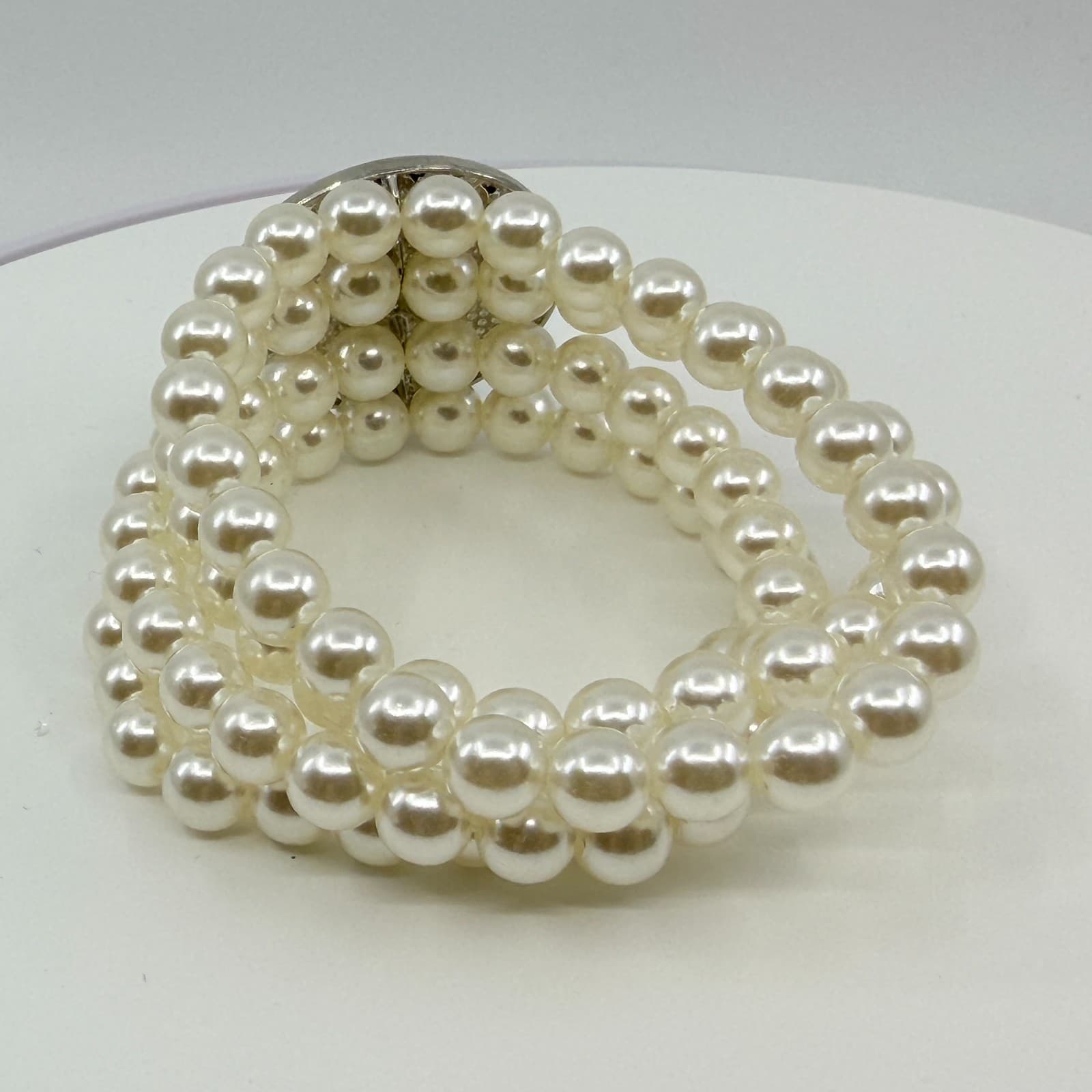 Bracelet Vintage Faux Pearl Multi Strand Stretch Rhinestone Statement Chunky 90s - Thumbnail 5