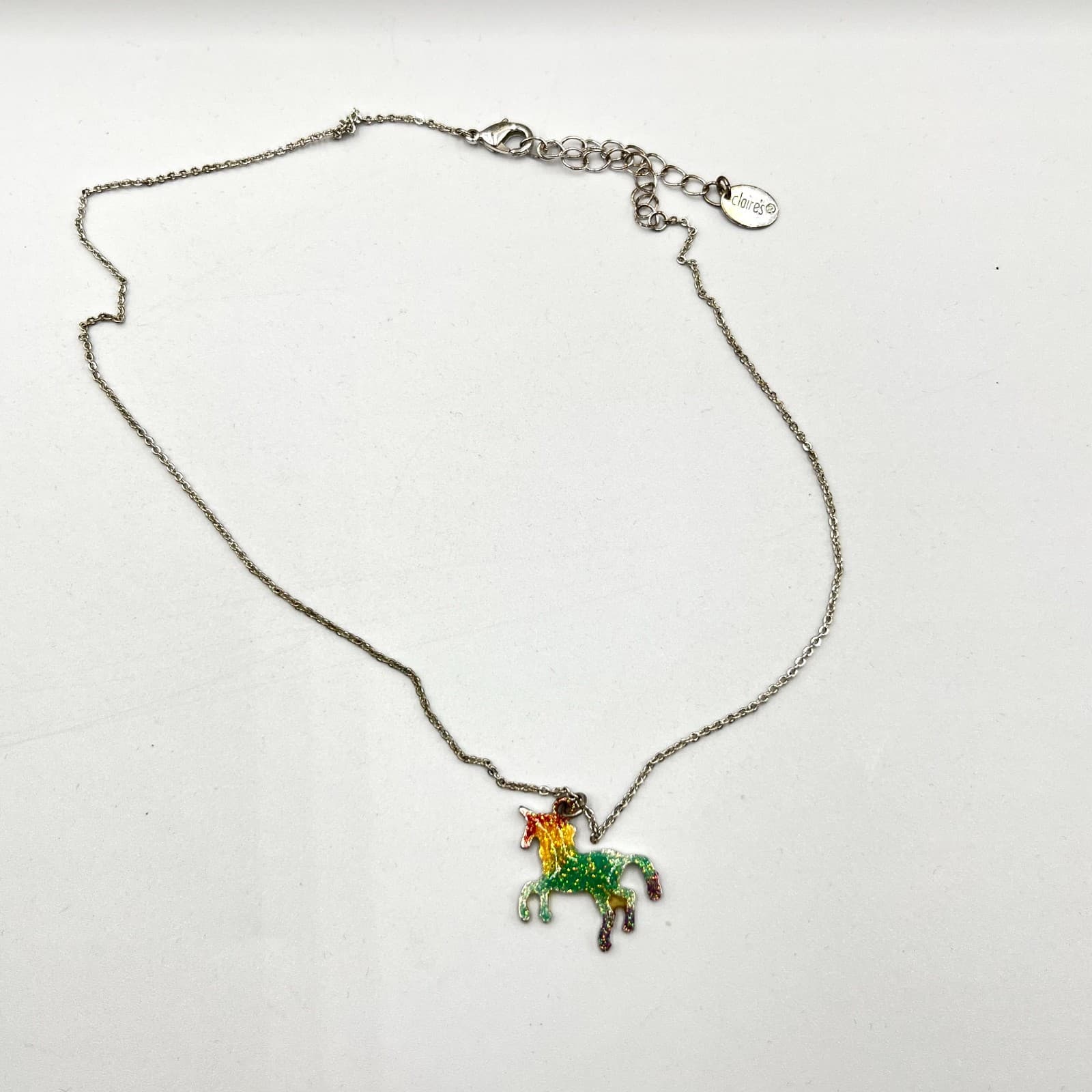 Vintage Claire's Y2K Glitter Rainbow Enamel Unicorn Pendant Necklace Silver Tone - Thumbnail 4