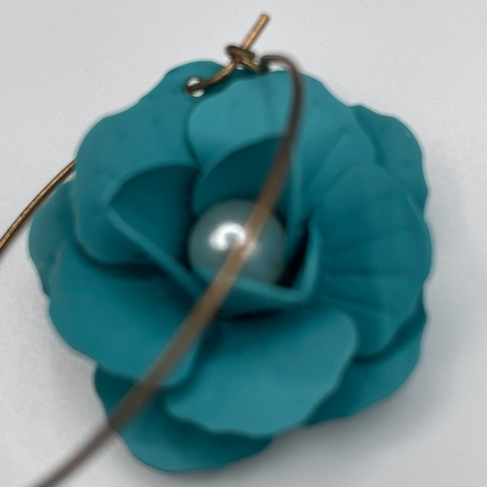 Vintage Teal Floral Hoop Earrings with Pearl Center – Statement Flower Jewelry - Thumbnail 4