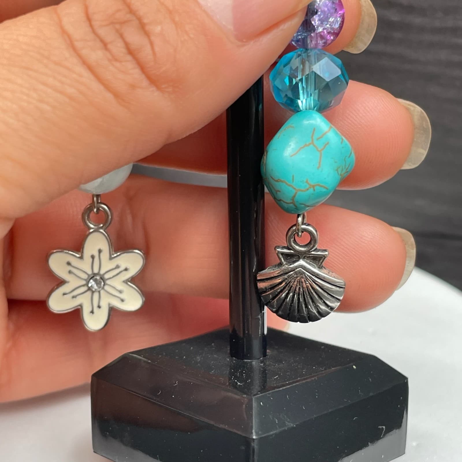 Boho Turquoise Blue Beaded Mismatched Dangle Earrings w/ Charms Y2K Vibes - Thumbnail 5