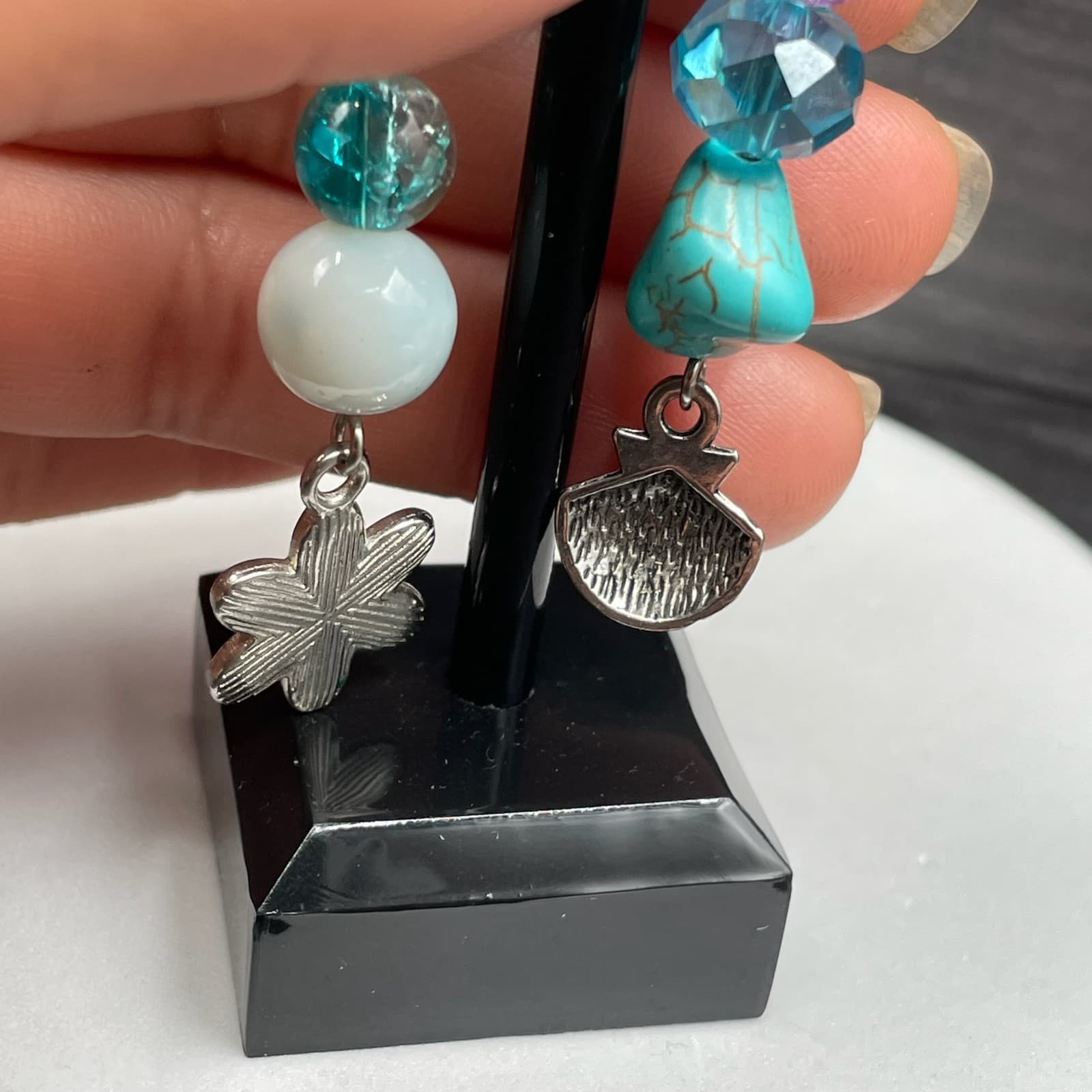 Boho Turquoise Blue Beaded Mismatched Dangle Earrings w/ Charms Y2K Vibes - Thumbnail 4