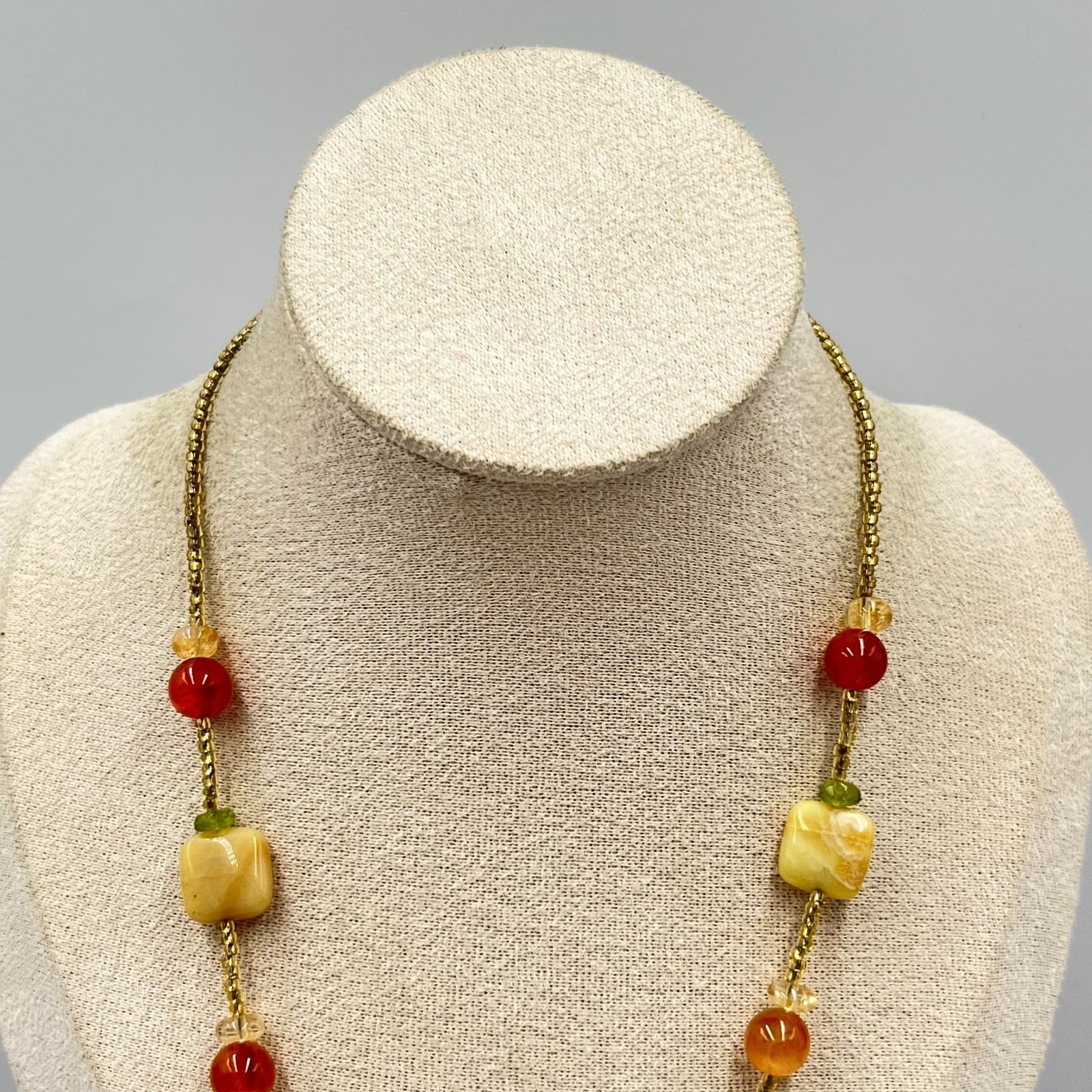 Vintage Citrine & Carnelian Beaded Necklace Boho Earth Tone Gemstone Pendant - Thumbnail 8