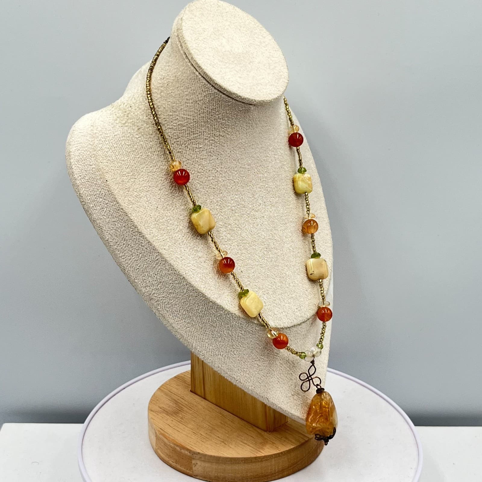 Vintage Citrine & Carnelian Beaded Necklace Boho Earth Tone Gemstone Pendant - Thumbnail 10