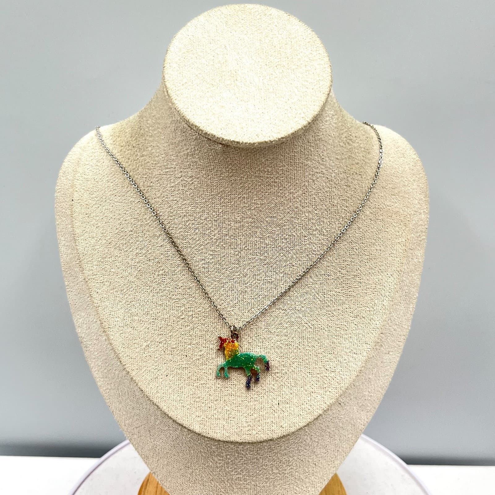 Vintage Claire's Y2K Glitter Rainbow Enamel Unicorn Pendant Necklace Silver Tone - Thumbnail 2