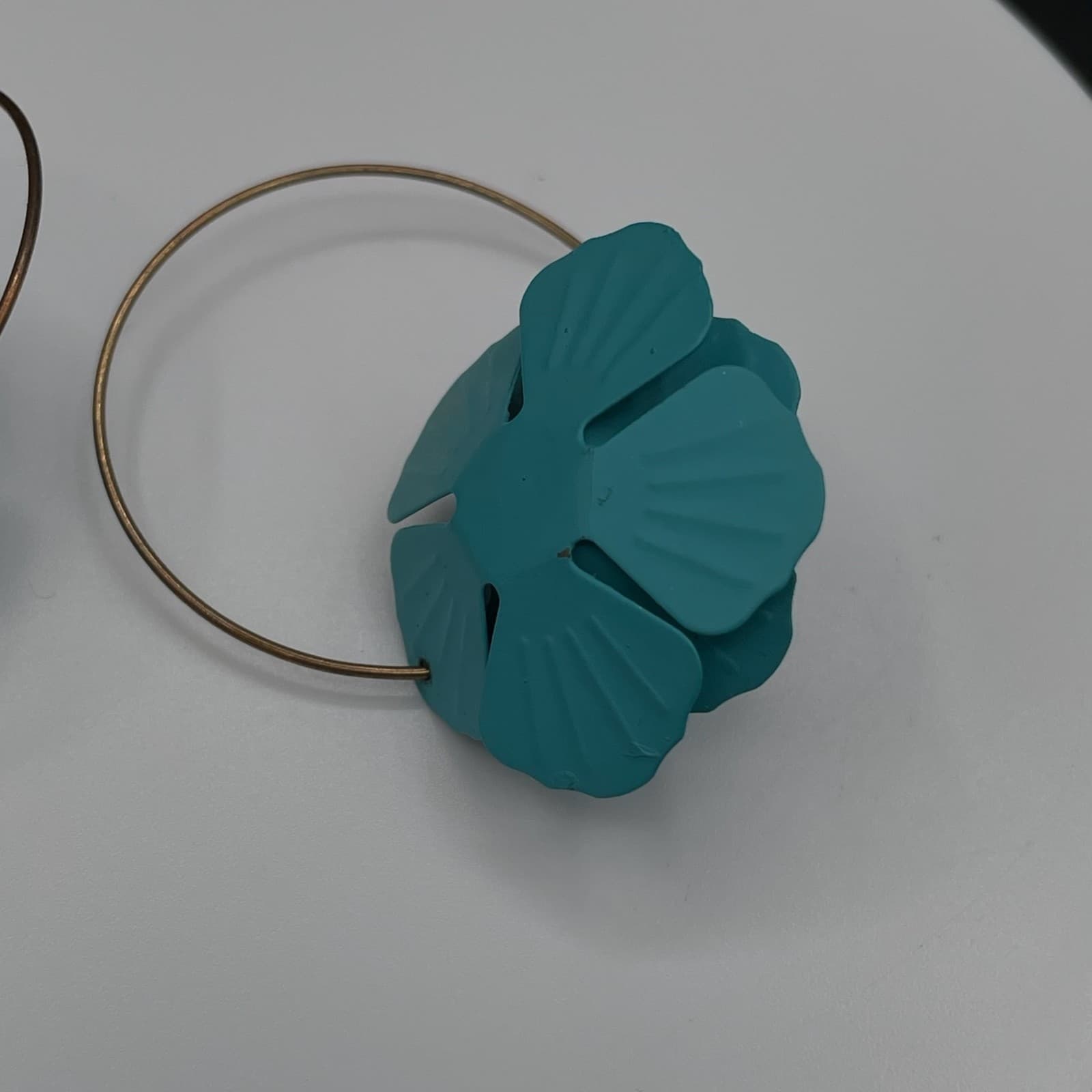 Vintage Teal Floral Hoop Earrings with Pearl Center – Statement Flower Jewelry - Thumbnail 7