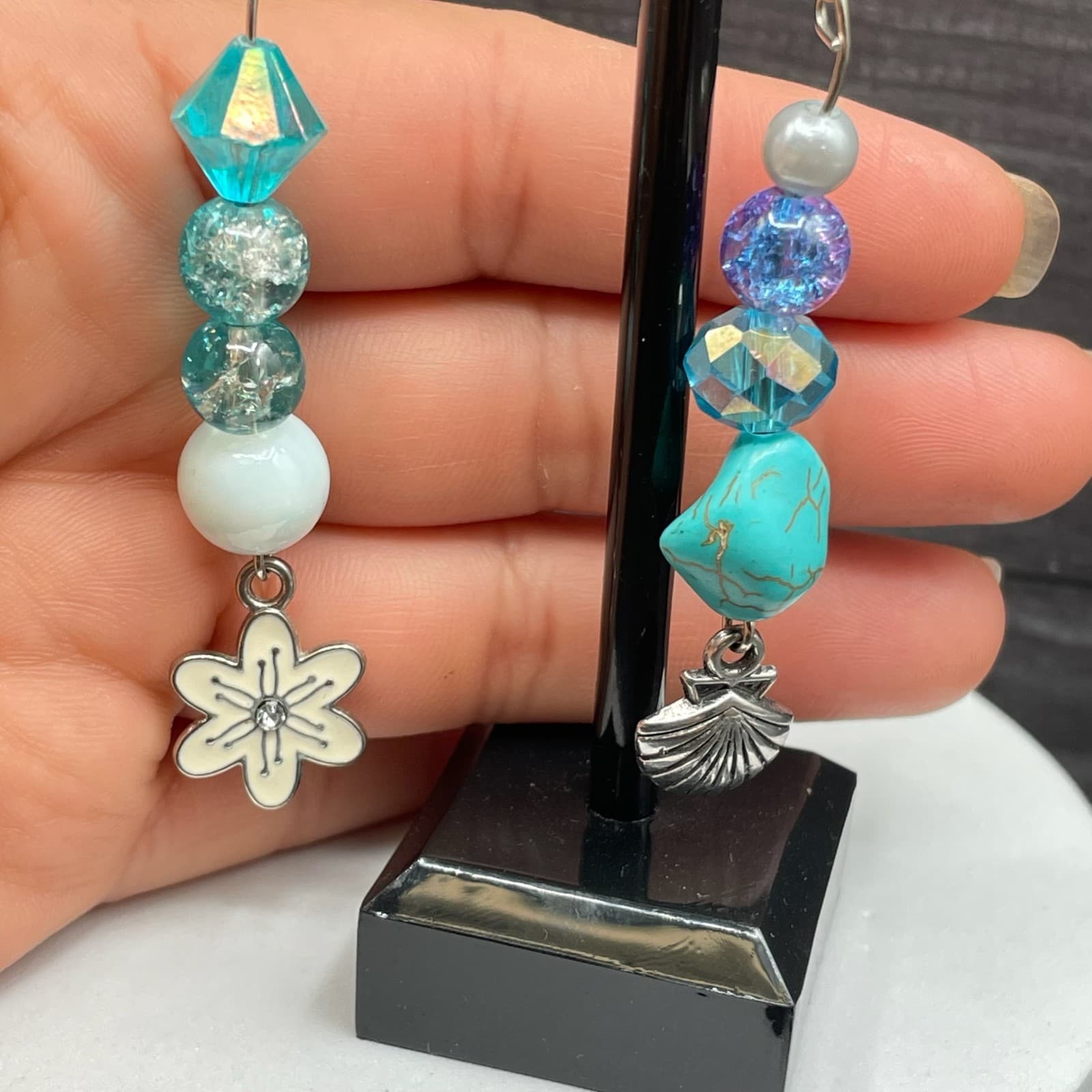Boho Turquoise Blue Beaded Mismatched Dangle Earrings w/ Charms Y2K Vibes - Thumbnail 2