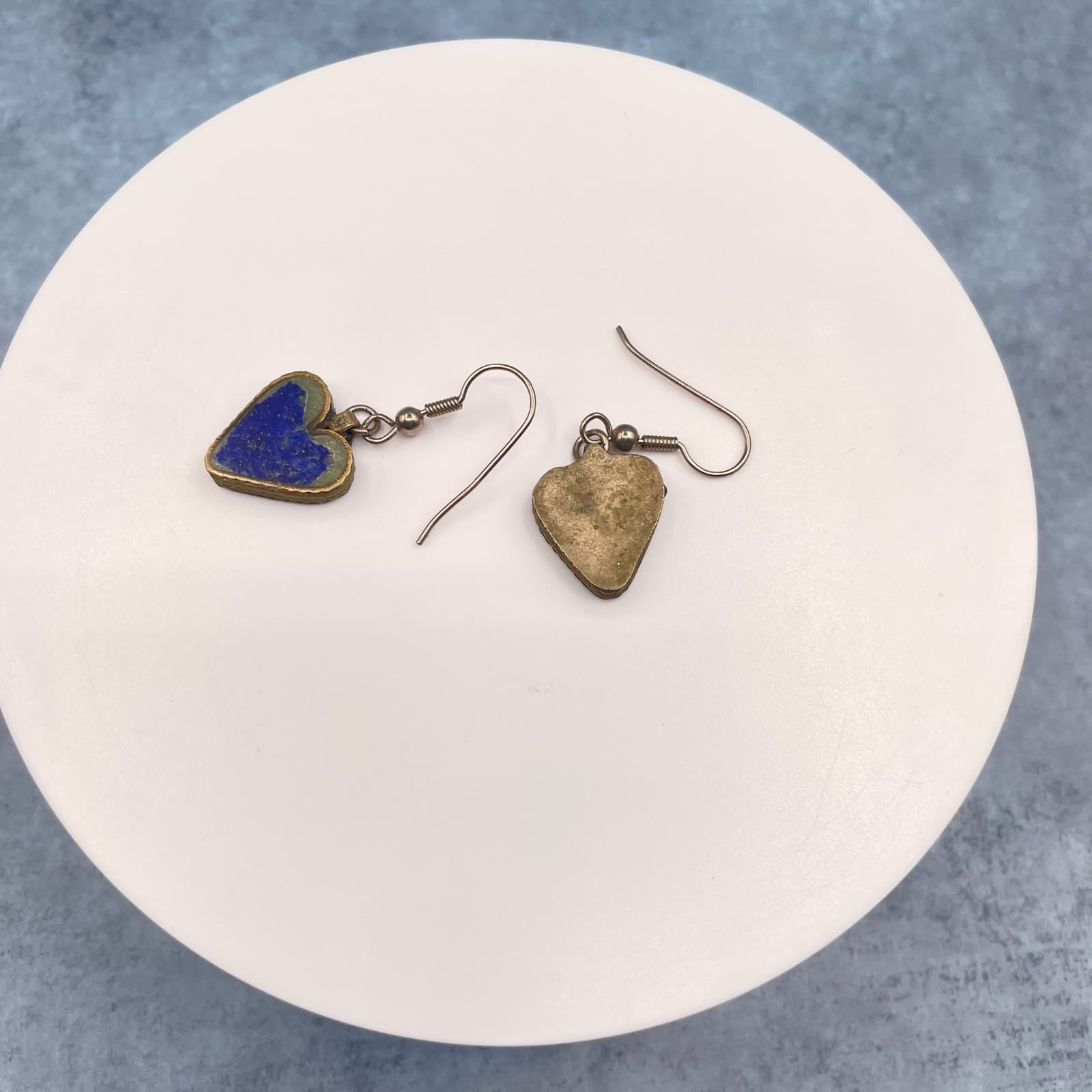 Vintage Style Boho Brass Tone Dangle Hook Lapis Lazuli Heart Drop Earrings - Thumbnail 10