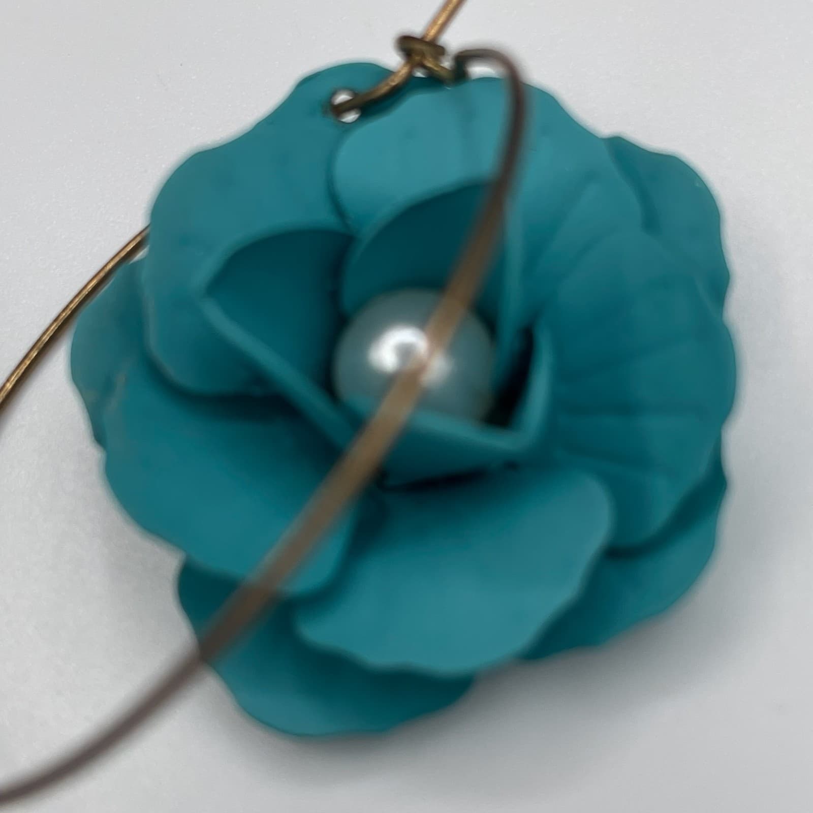 Vintage Teal Floral Hoop Earrings with Pearl Center – Statement Flower Jewelry - Thumbnail 5