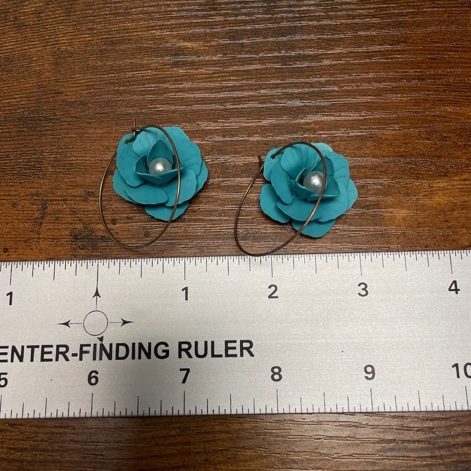 Vintage Teal Floral Hoop Earrings with Pearl Center – Statement Flower Jewelry - Thumbnail 8