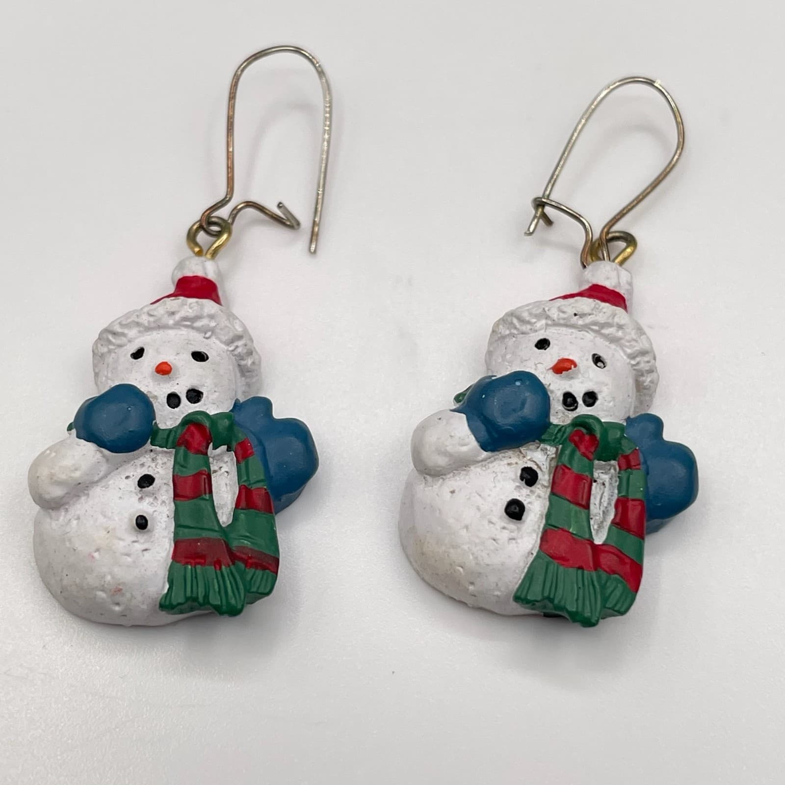 Vintage Christmas Snowman Dangle Earrings Festive Red Green Scarf Novelty Hook - Thumbnail 4