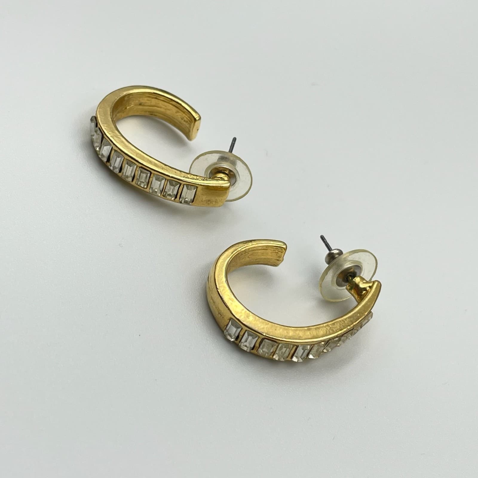 Vintage VTG Gold Tone Clear Baguette Crystal Rhinestone Channel Hoop Earrings - Thumbnail 6