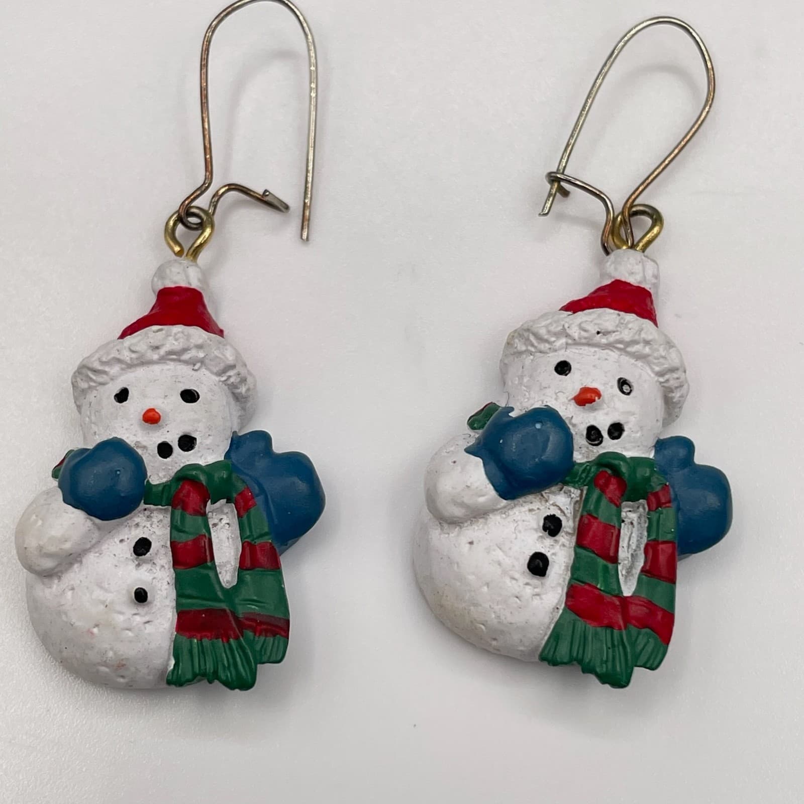 Vintage Christmas Snowman Dangle Earrings Festive Red Green Scarf Novelty Hook - Thumbnail 3