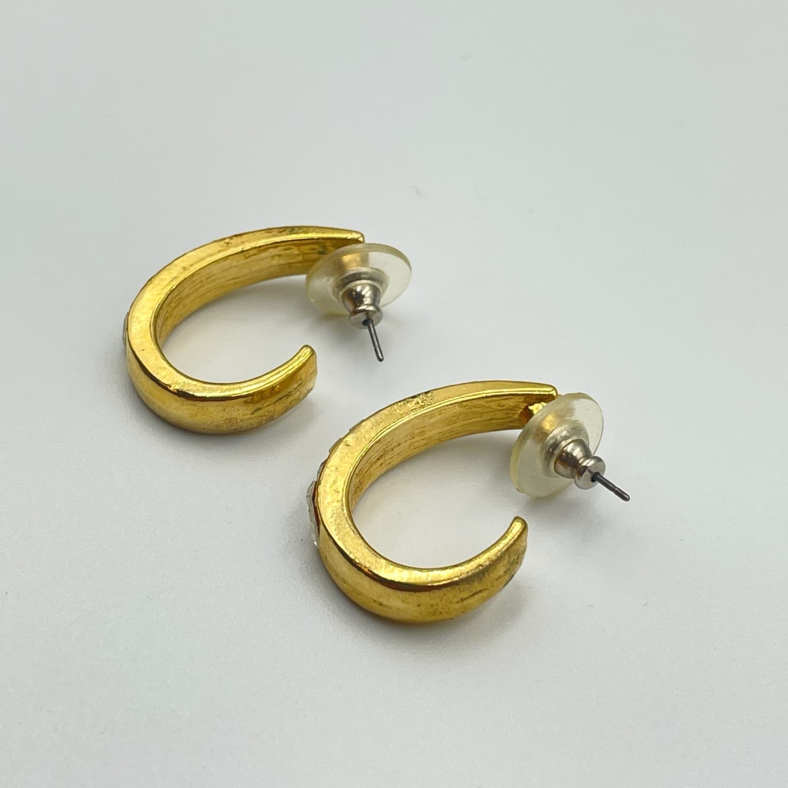 Vintage VTG Gold Tone Clear Baguette Crystal Rhinestone Channel Hoop Earrings - Thumbnail 5