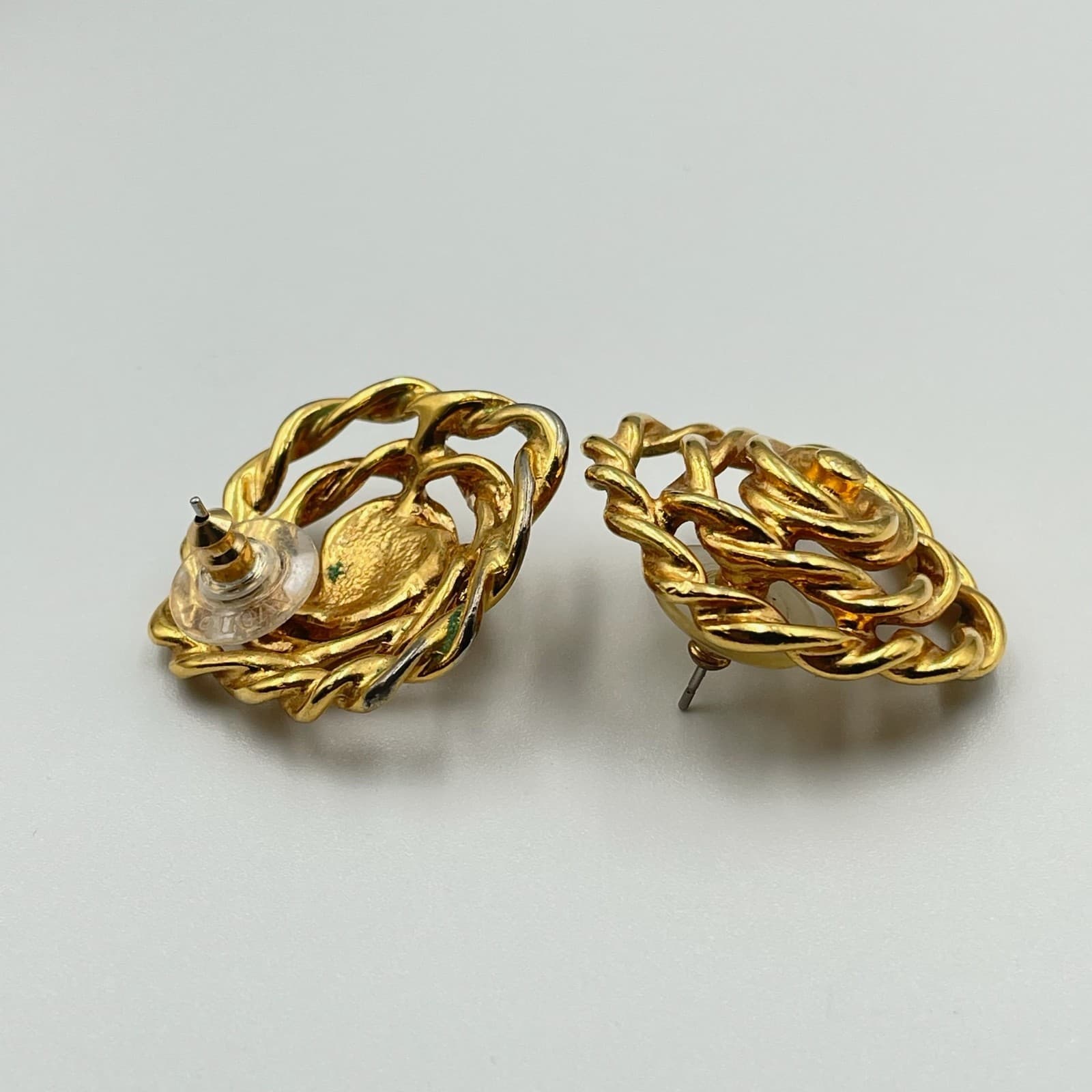 Vintage Gold Tone Rose Swirl Earrings Twisted Rope Stud Post Floral - Thumbnail 5