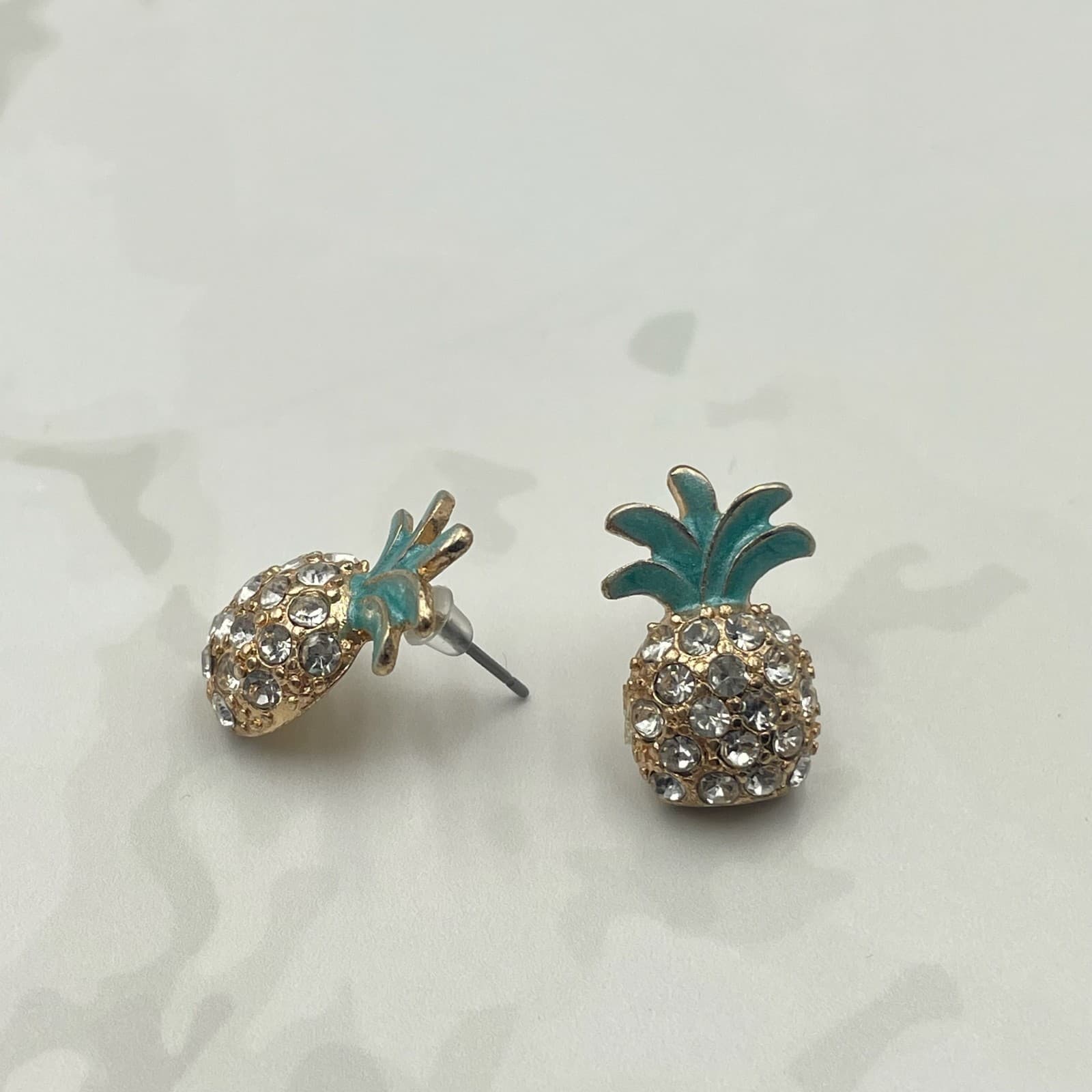 Vintage VTG Gold Tone Clear Crystal Pineapple Stud Earrings Green Enamel - Thumbnail 6