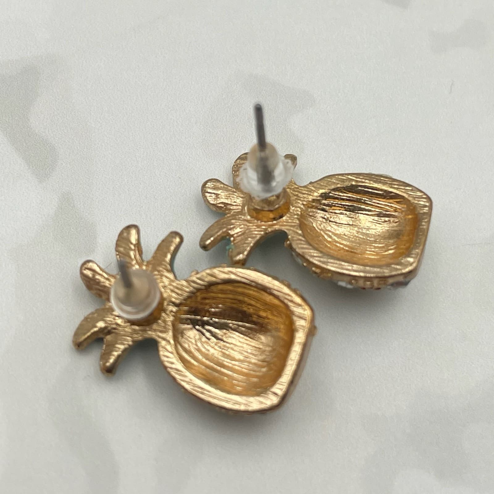 Vintage VTG Gold Tone Clear Crystal Pineapple Stud Earrings Green Enamel - Thumbnail 5