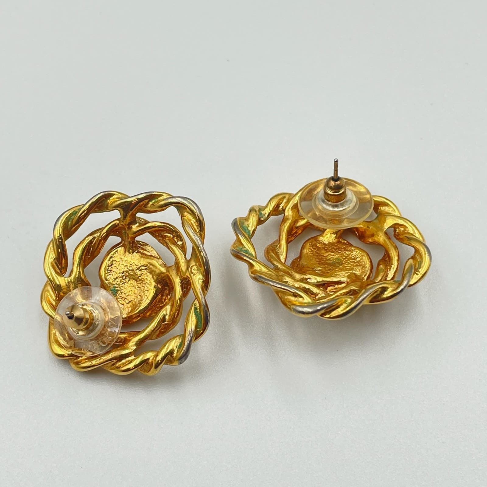 Vintage Gold Tone Rose Swirl Earrings Twisted Rope Stud Post Floral - Thumbnail 6