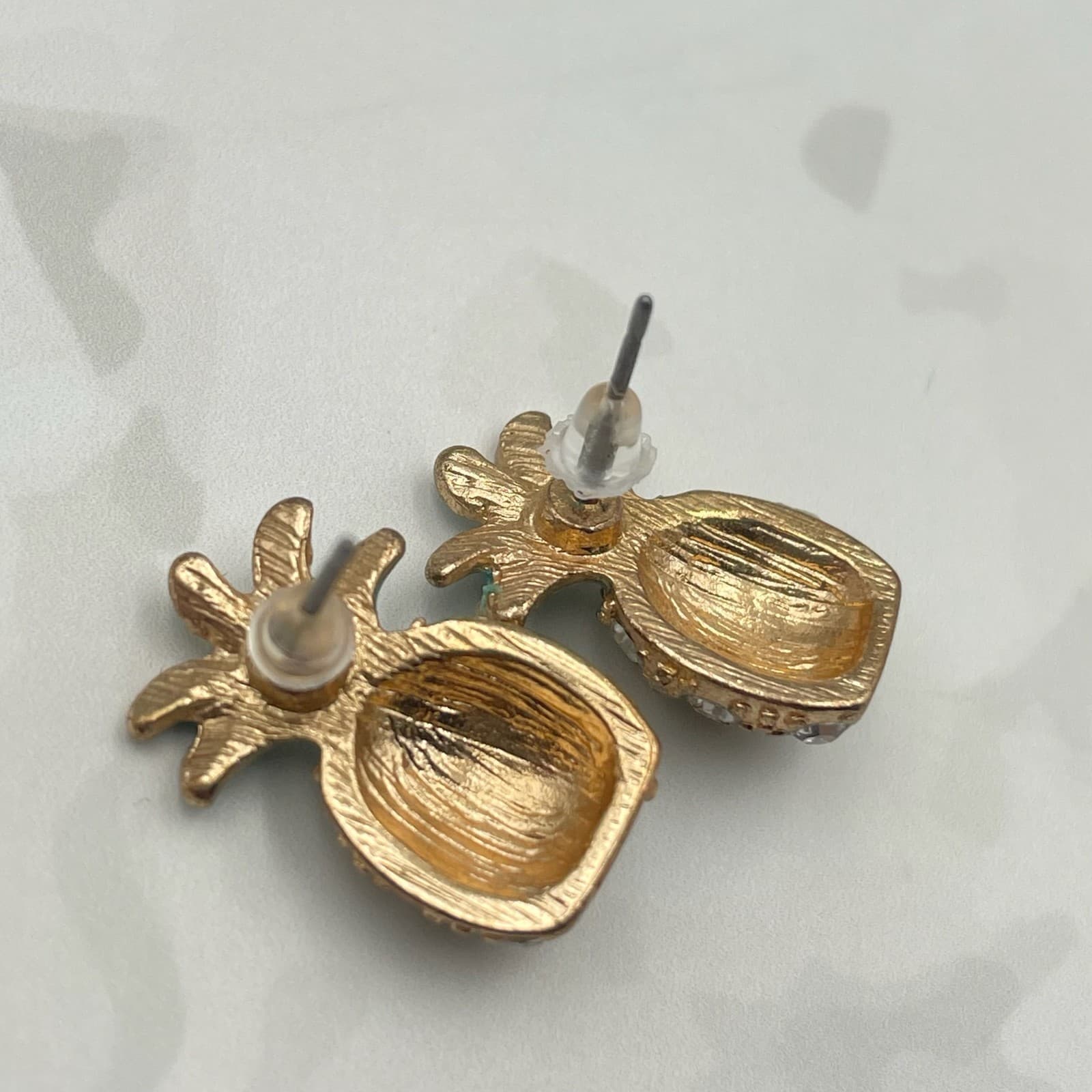 Vintage VTG Gold Tone Clear Crystal Pineapple Stud Earrings Green Enamel - Thumbnail 3