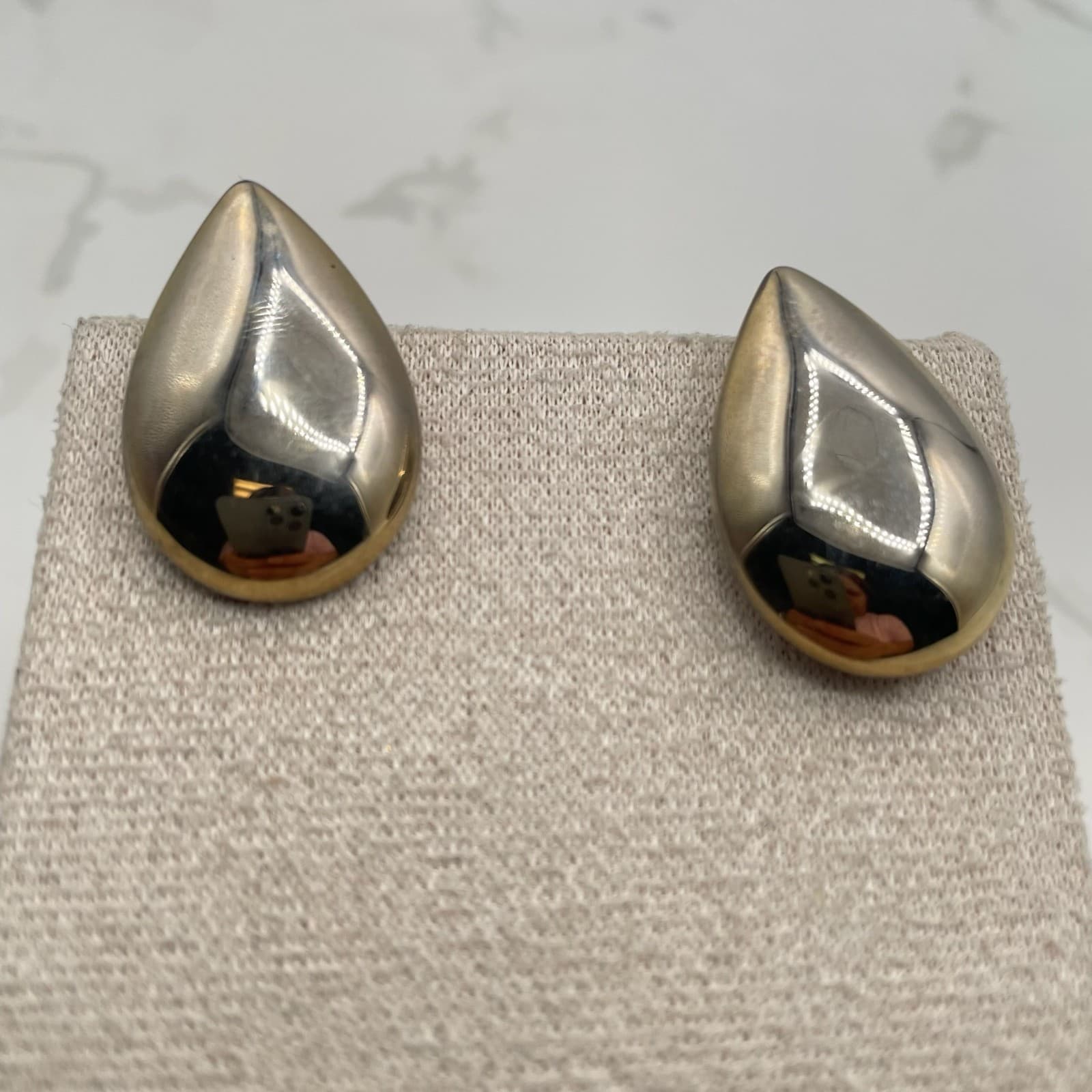 Vintage VTG Teardrop Dome Stud Earrings Minimalist Modern Gold Silver Tone - Thumbnail 4