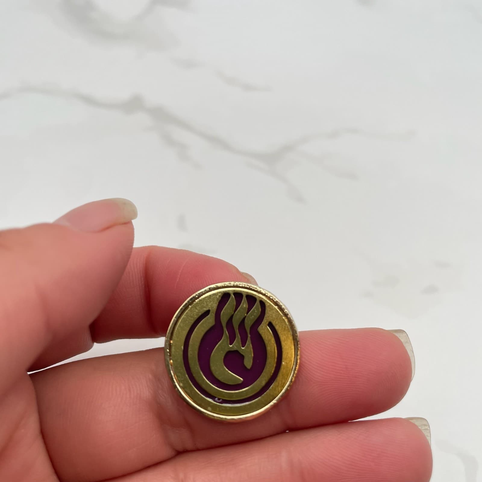 Vintage Gold Tone Round Lapel Pin Flame Logo Purple Enamel Tie Tac Brooch Badge - Thumbnail 3