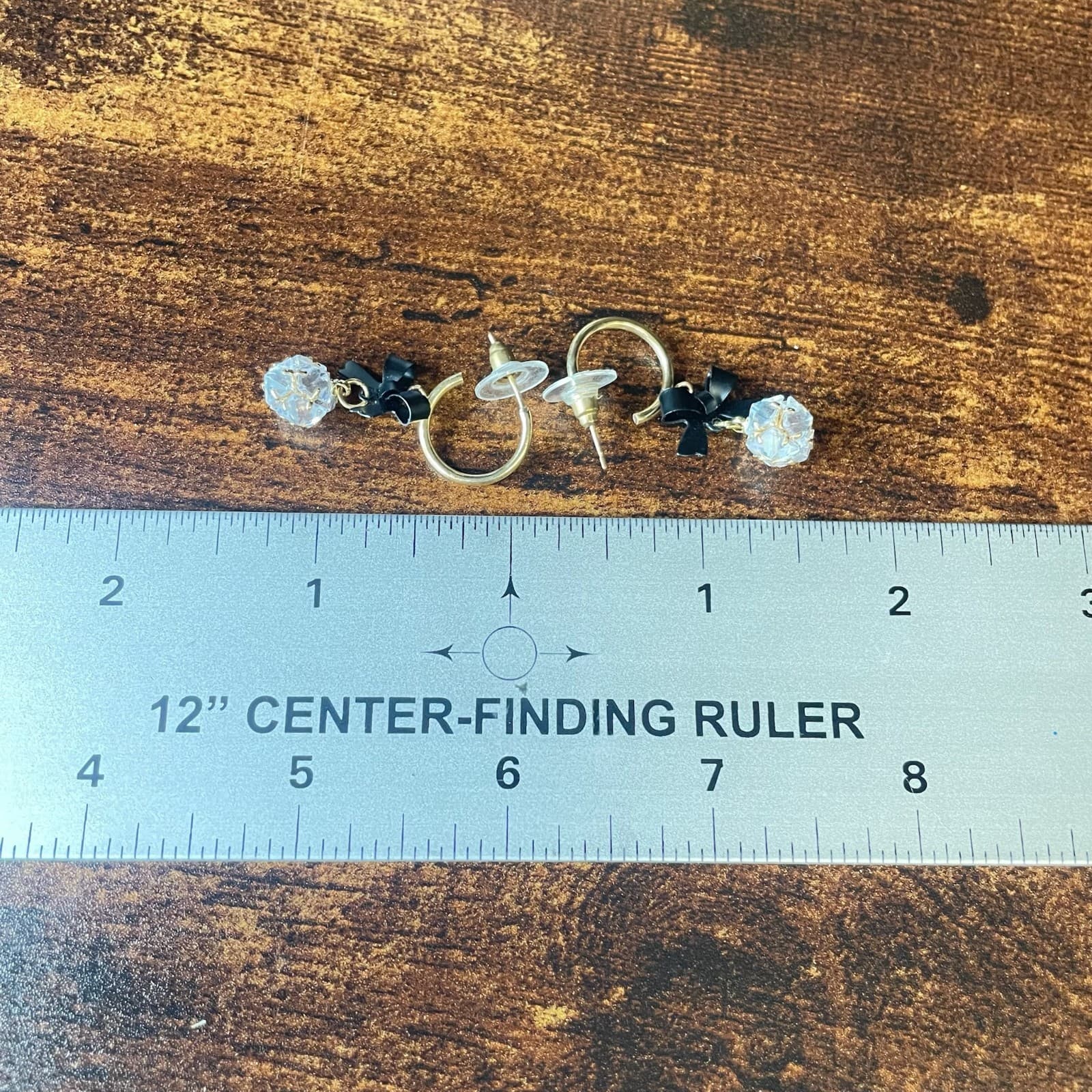 Vintage VTG Gold Tone Hoop Earrings Black Bow Clear CZ Crystal Ball Dangle Glam - Thumbnail 2