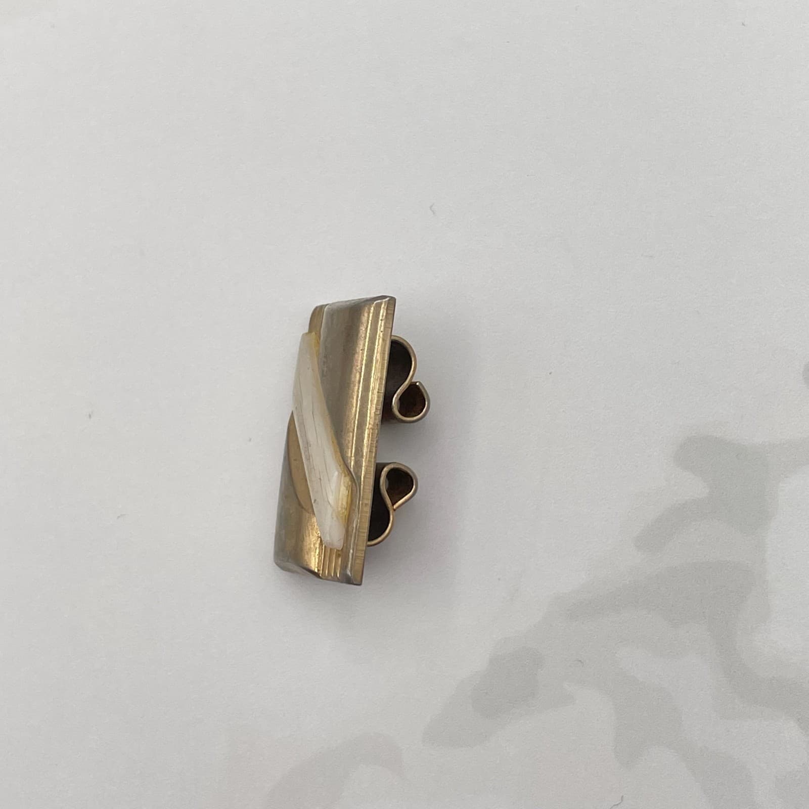 Vintage Art Deco Gold Tone Dress Clip Brooch Pin White Inlay Rectangular Classic - Thumbnail 5