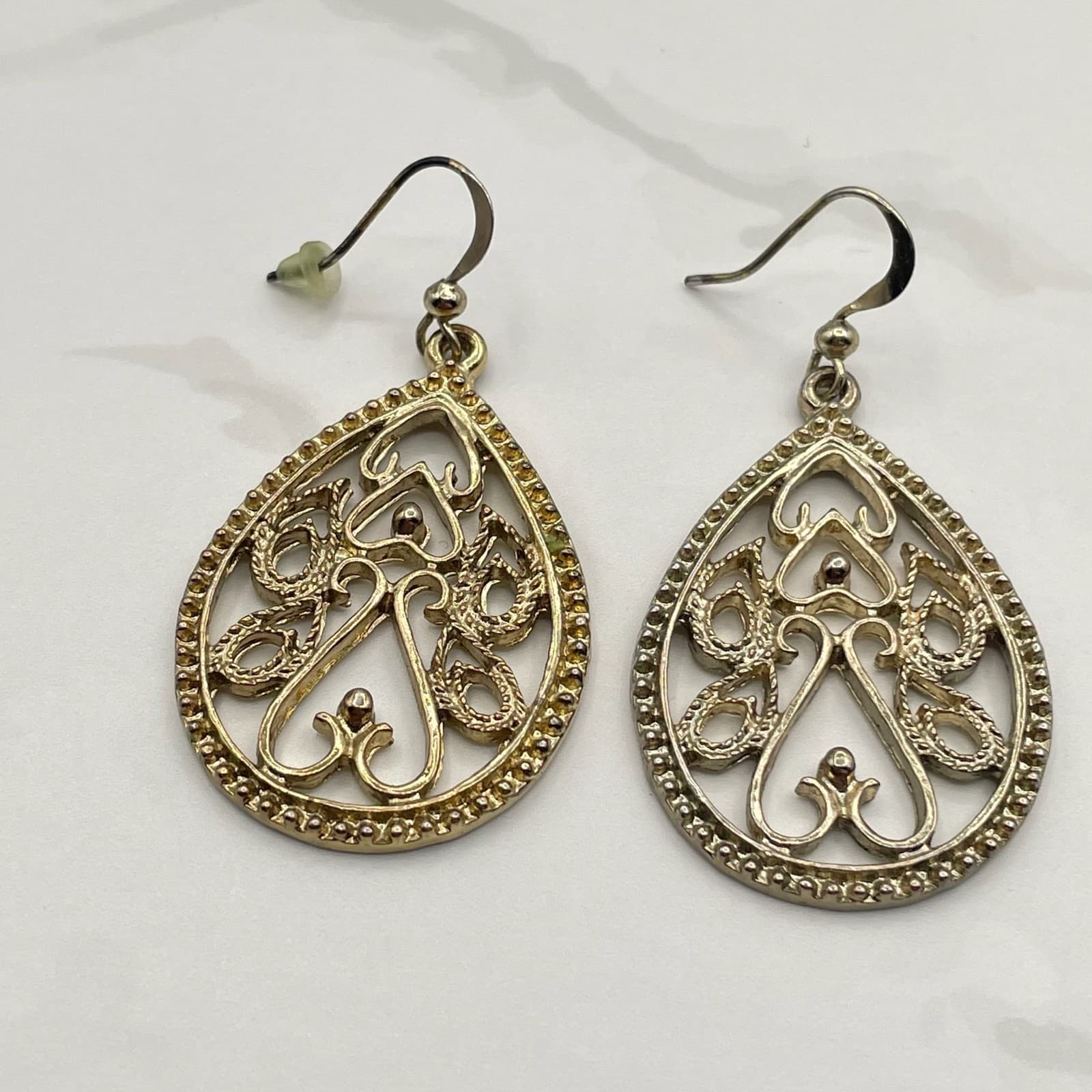 Vintage Silver Tone Filigree Teardrop Dangle Earrings Mixed Metal Boho Jewelry - Thumbnail 3