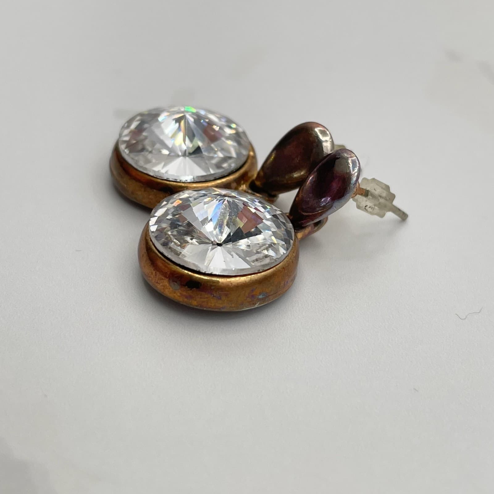 Vintage VTG Cubic Zirconia Drop Earrings Clear CZ Copper Patina Post Dangle 15mm - Thumbnail 8