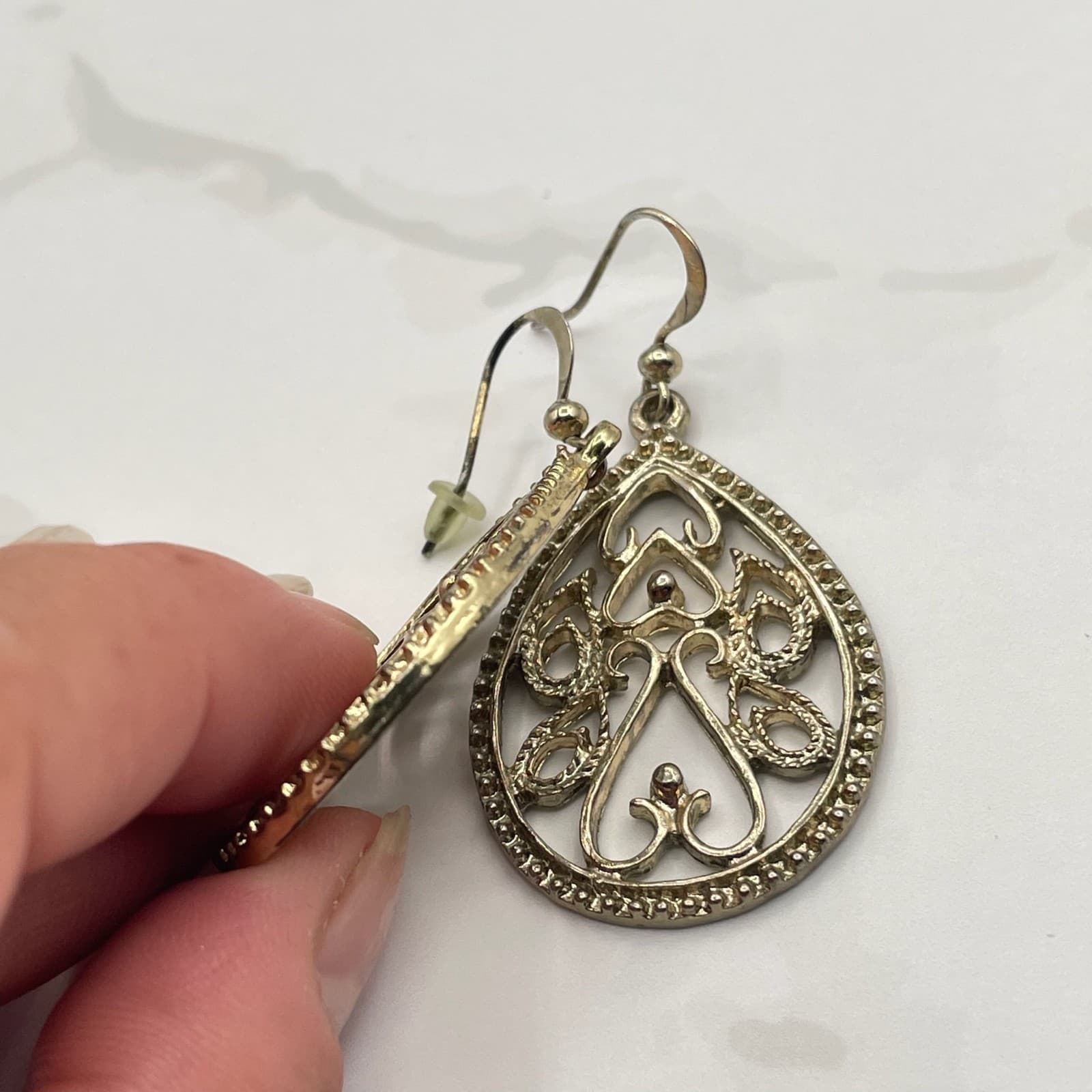 Vintage Silver Tone Filigree Teardrop Dangle Earrings Mixed Metal Boho Jewelry - Thumbnail 9