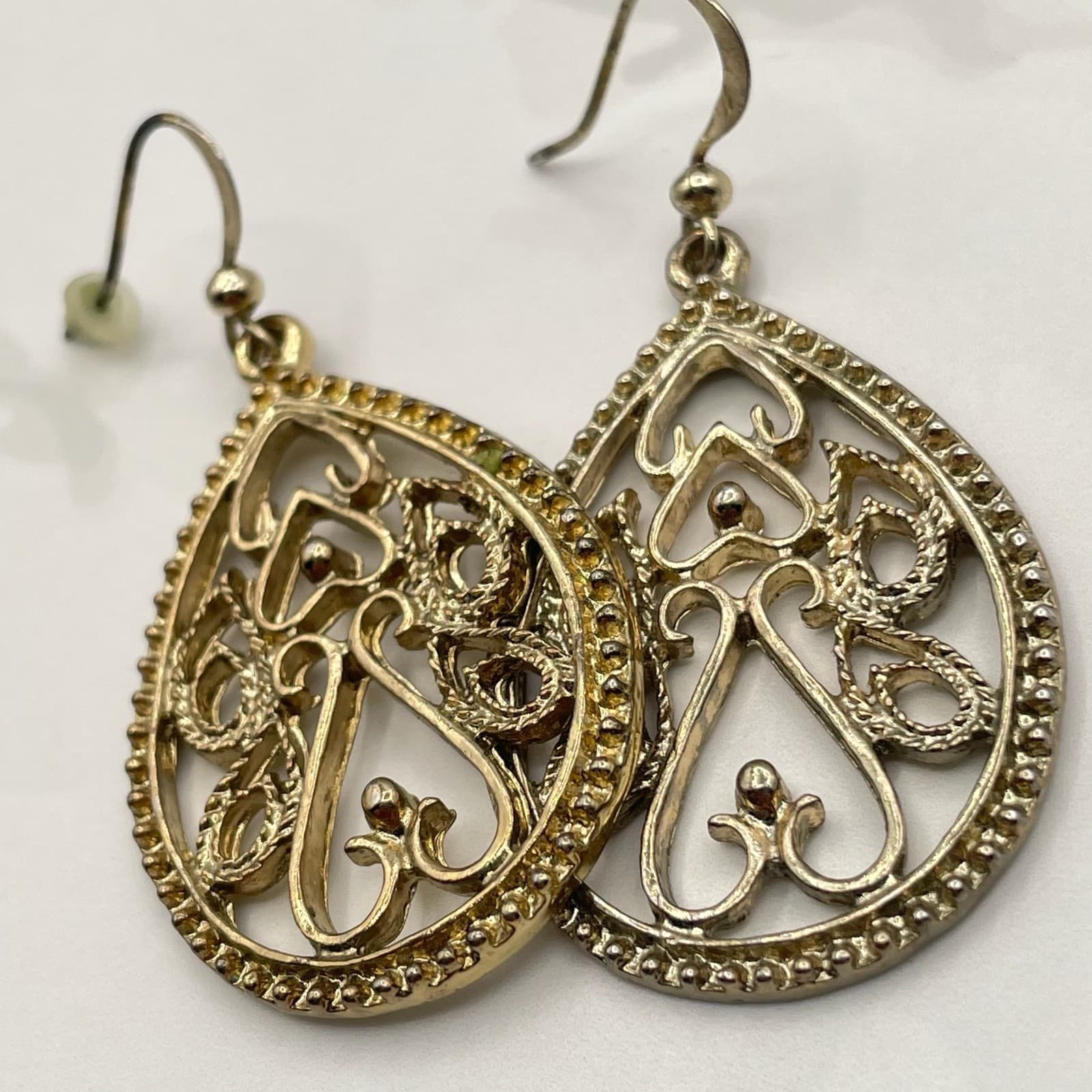 Vintage Silver Tone Filigree Teardrop Dangle Earrings Mixed Metal Boho Jewelry - Thumbnail 8