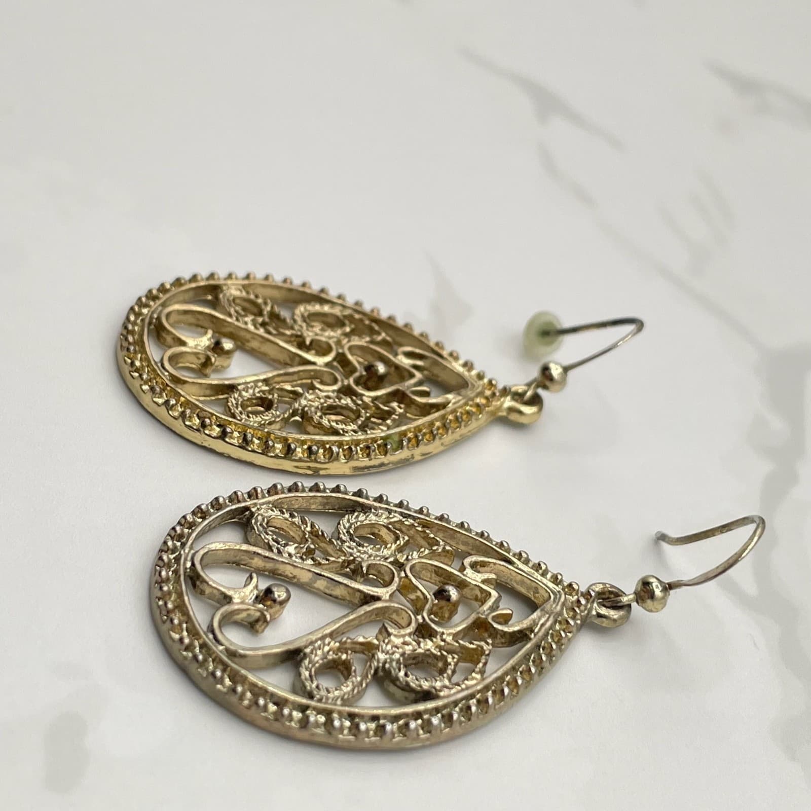 Vintage Silver Tone Filigree Teardrop Dangle Earrings Mixed Metal Boho Jewelry - Thumbnail 7